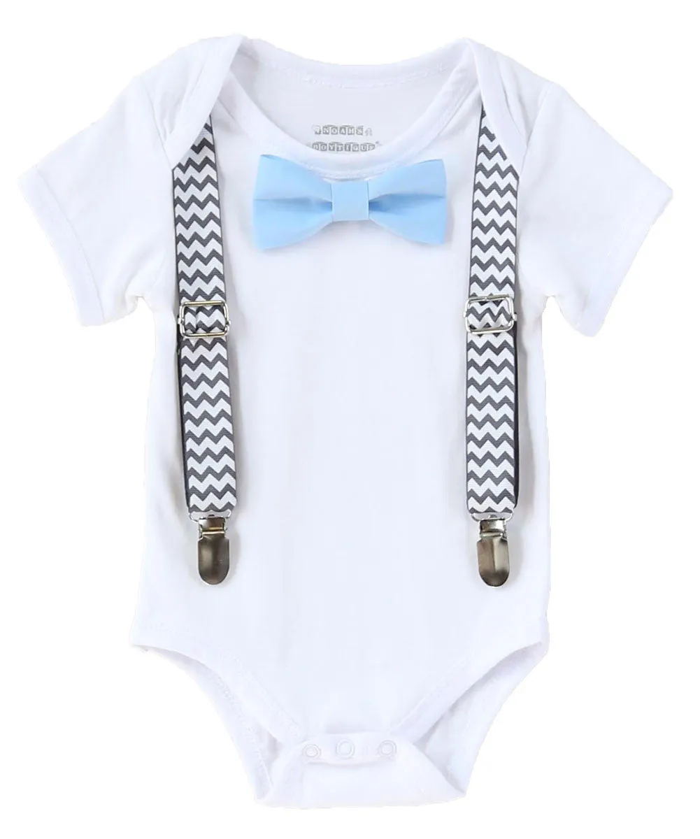 First Birthday Shirt Boy Grey Chevron and Light Baby Blue Bow Tie