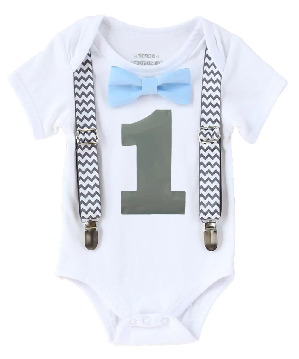 First Birthday Shirt Boy Grey Chevron and Light Baby Blue Bow Tie