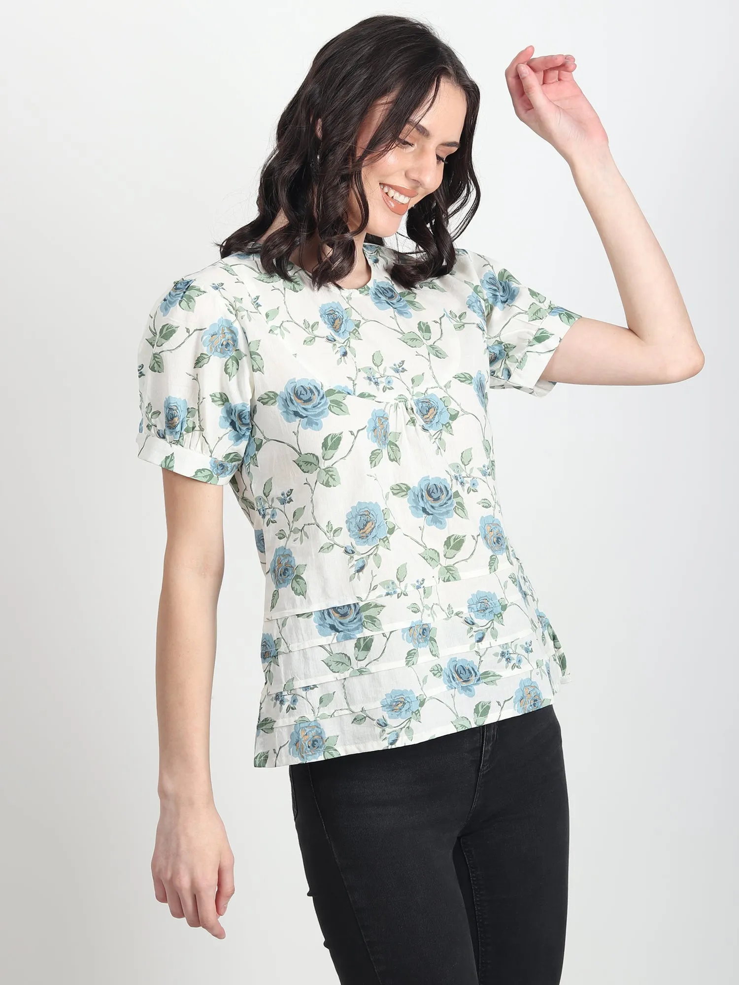 Flora blue floral printed Top