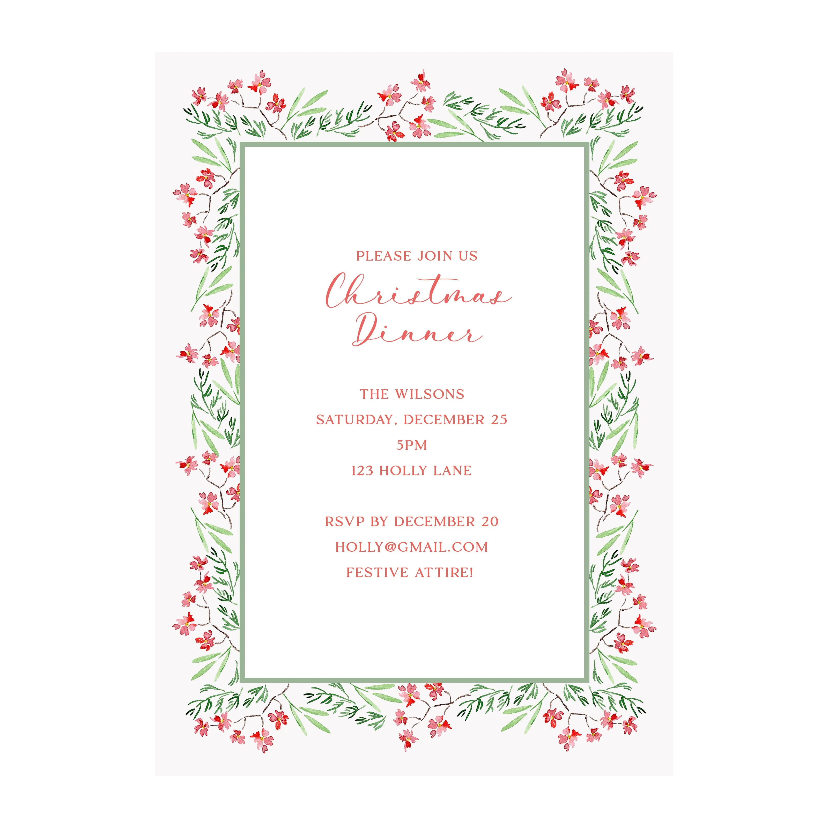 Flowers and Pine Garland Holiday Party Invitation