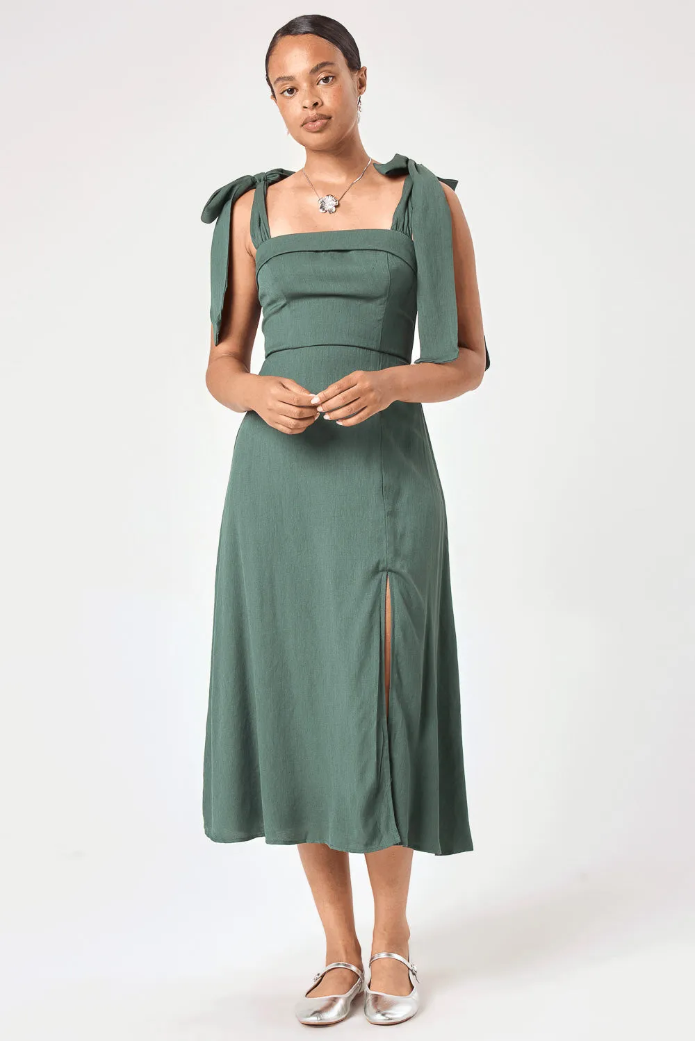 Forest Green Tie Shoulder Midi Dress