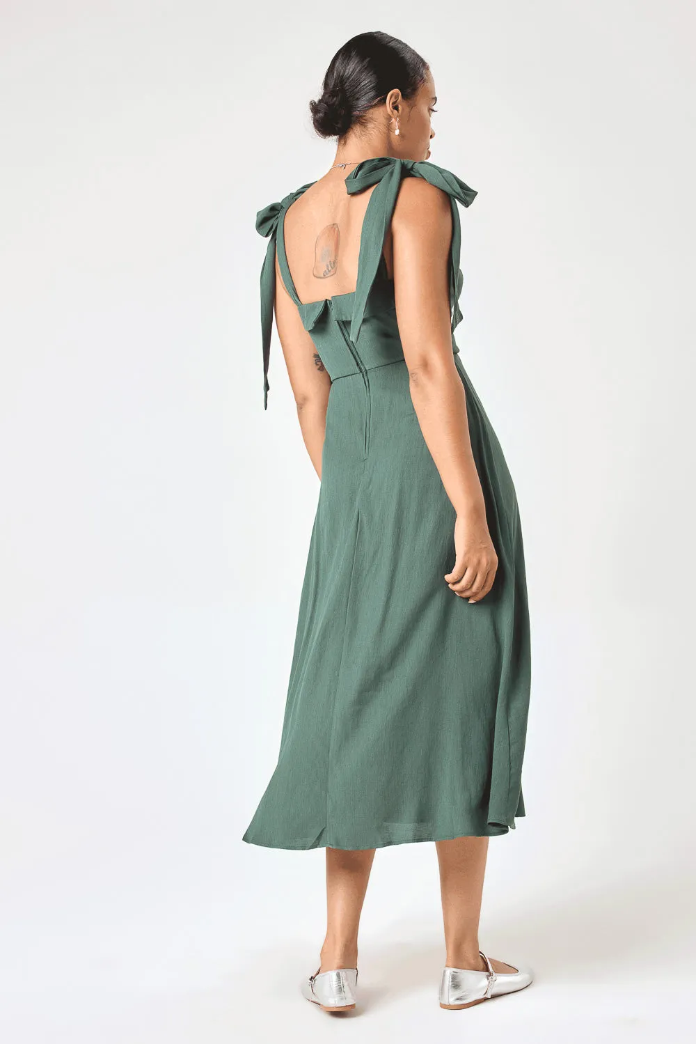 Forest Green Tie Shoulder Midi Dress