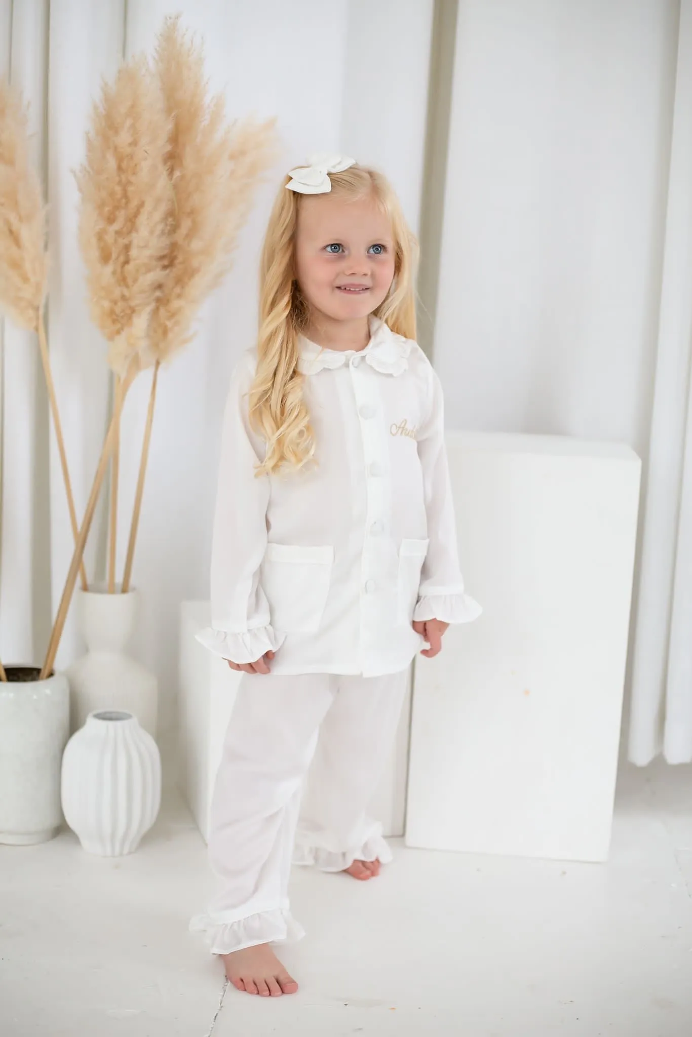 Girls All White Pearl Pyjamas - Long sleeve and Leg