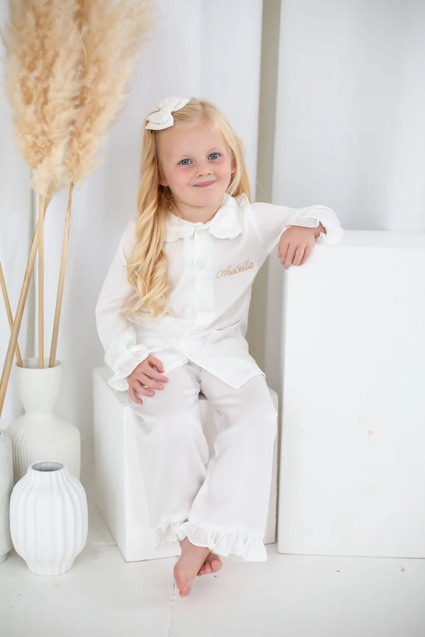 Girls All White Pearl Pyjamas - Long sleeve and Leg