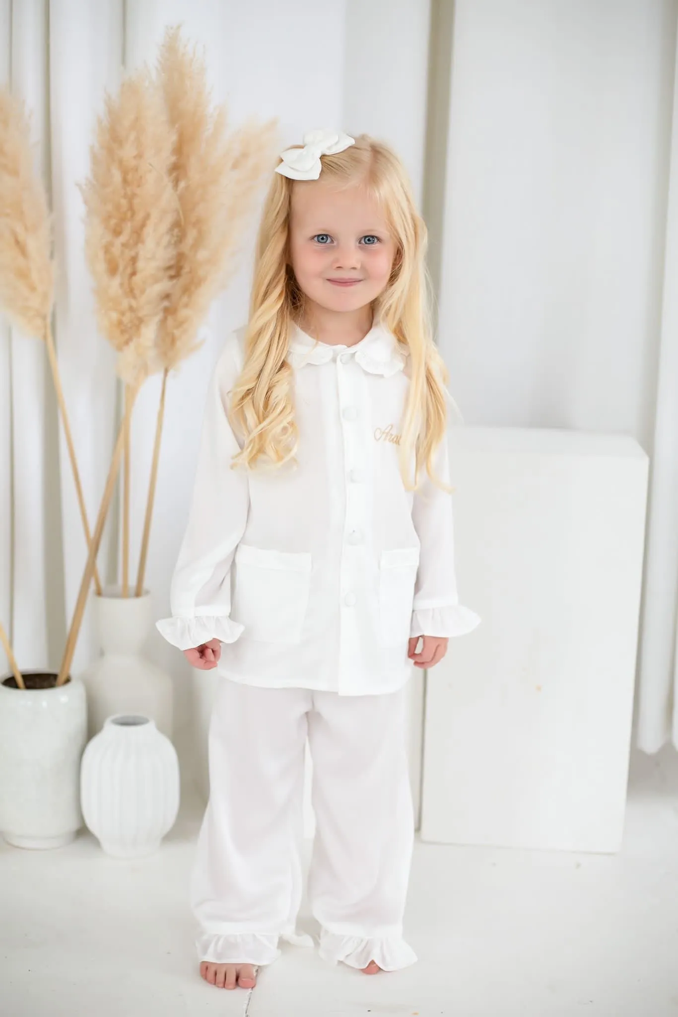 Girls All White Pearl Pyjamas - Long sleeve and Leg