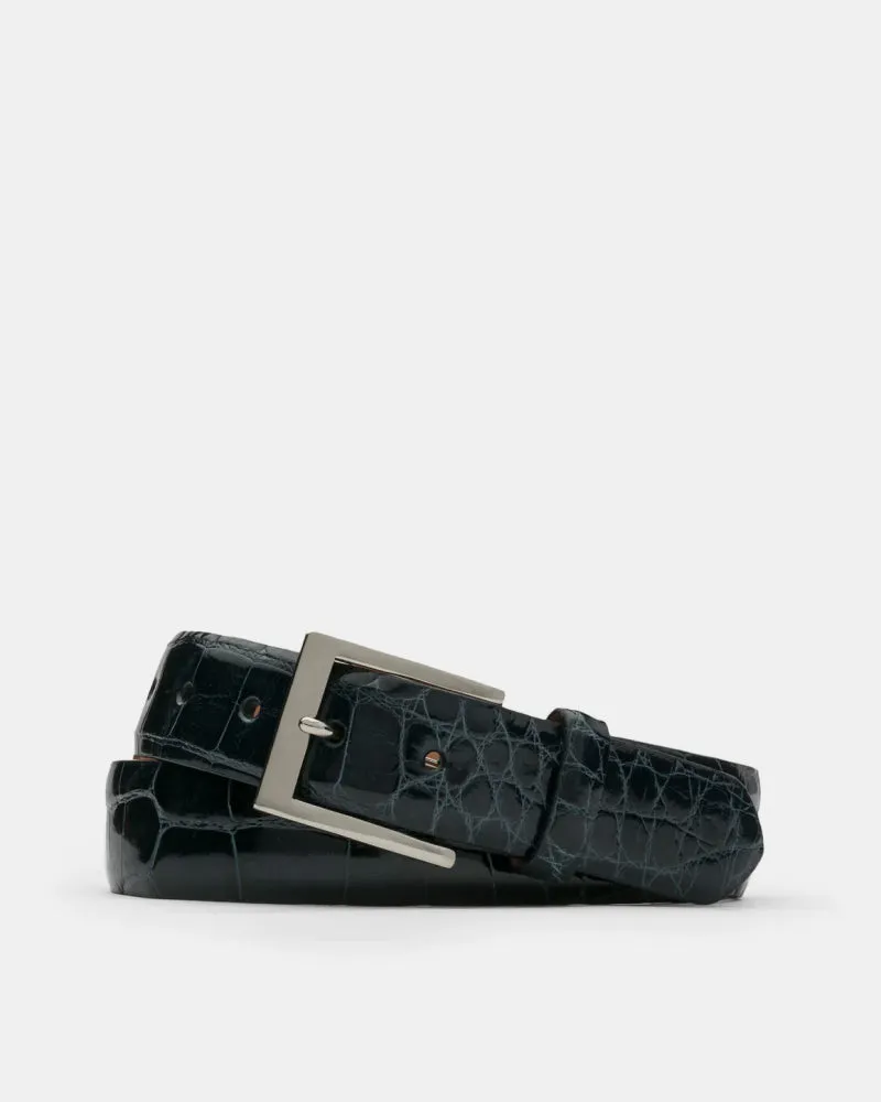 Glazed American Alligator Belt in Navy Leather