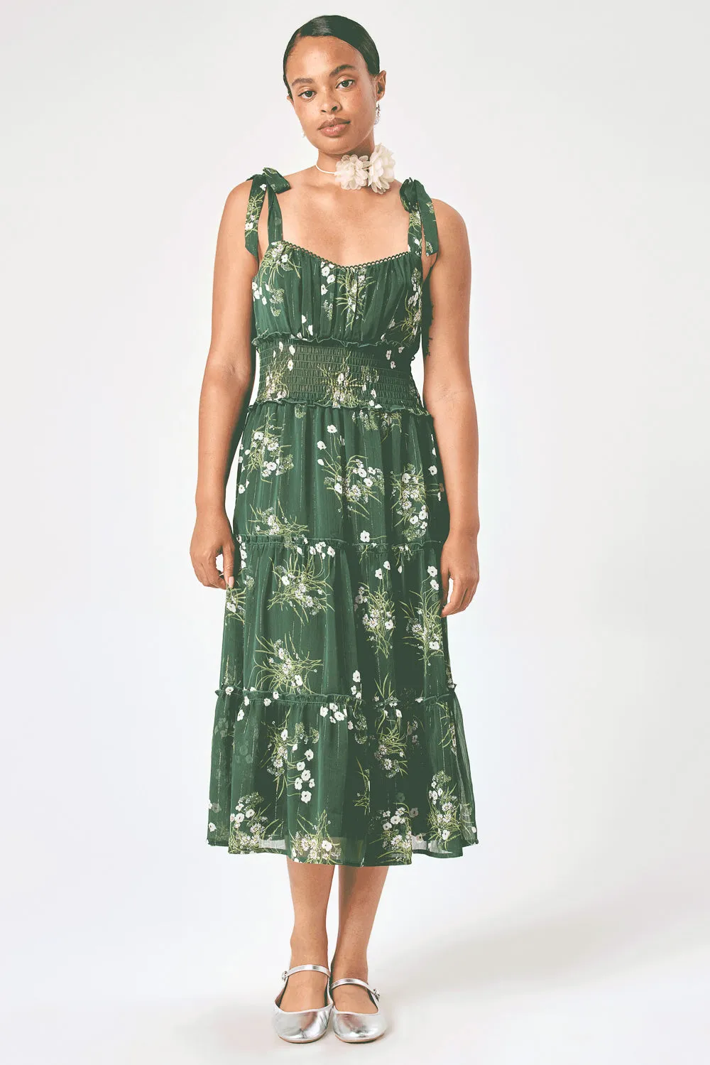 Green Floral Tie Shoulder Ruffle Midi Dress