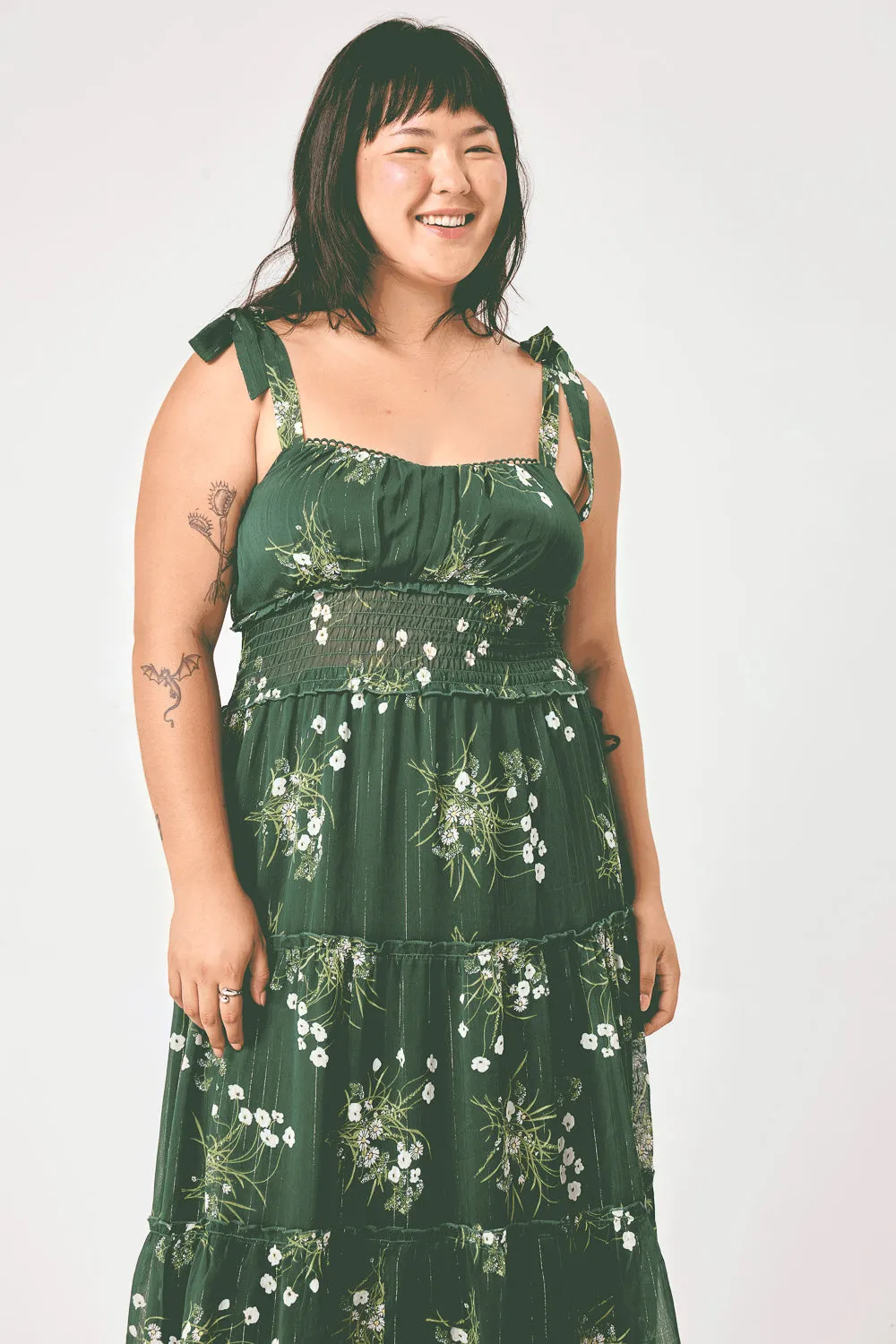 Green Floral Tie Shoulder Ruffle Midi Dress