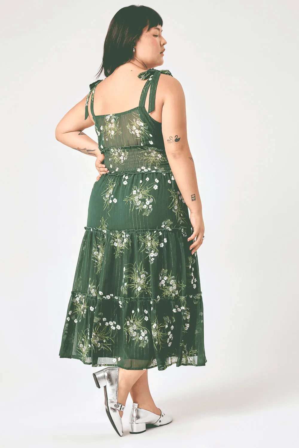 Green Floral Tie Shoulder Ruffle Midi Dress