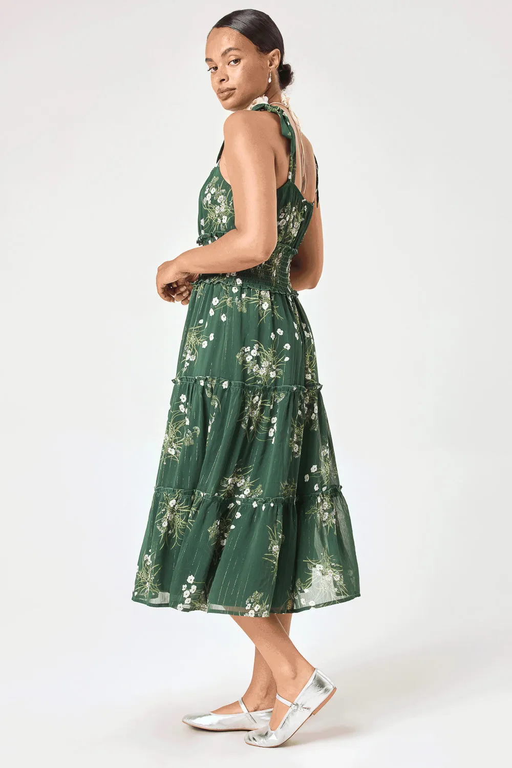 Green Floral Tie Shoulder Ruffle Midi Dress