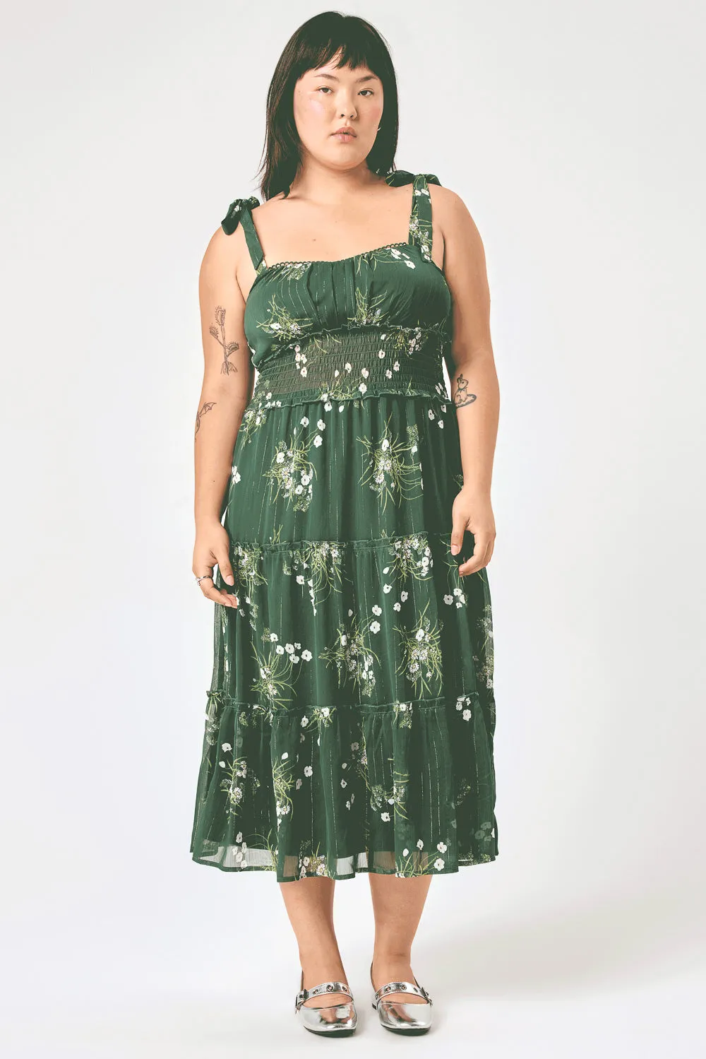 Green Floral Tie Shoulder Ruffle Midi Dress