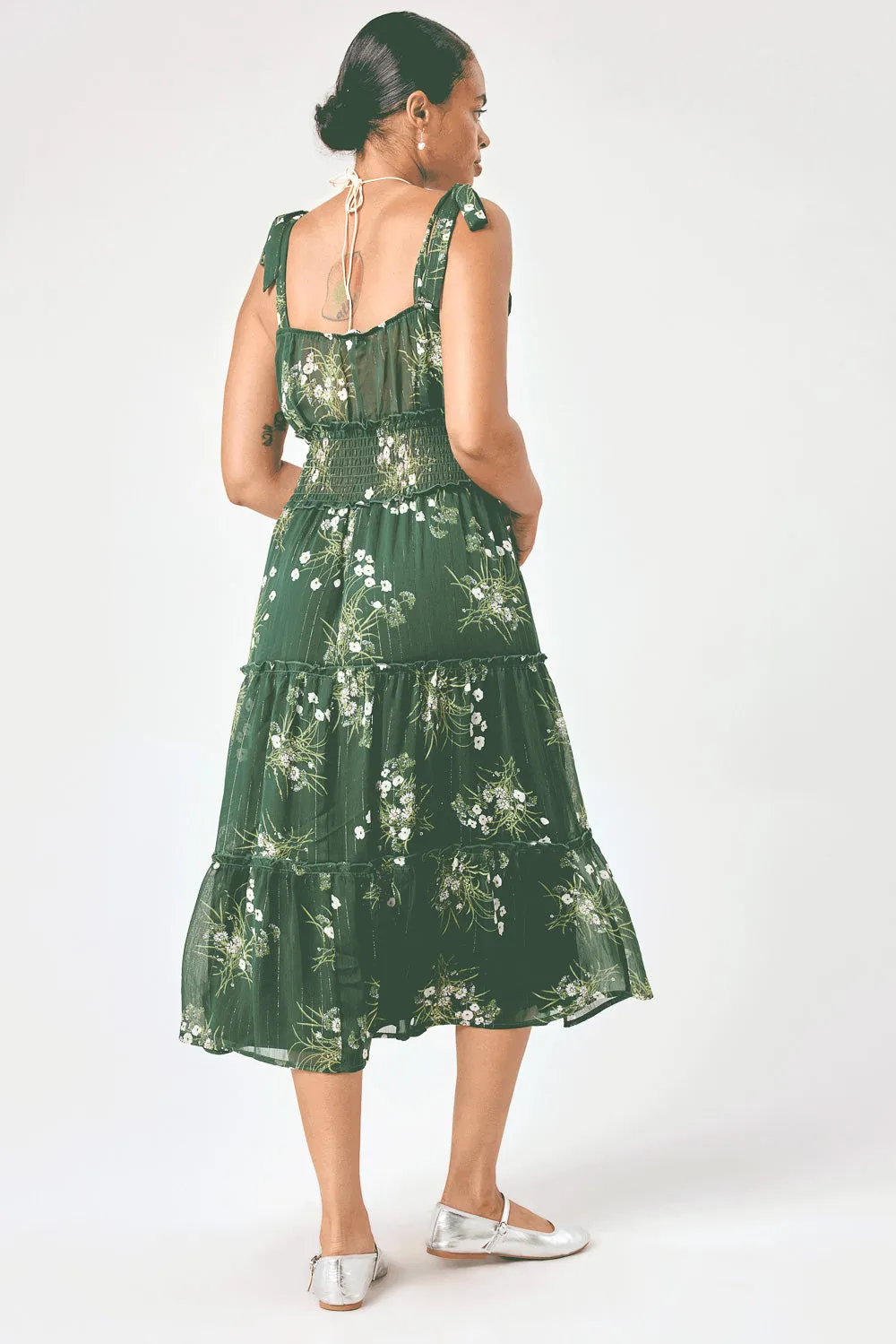 Green Floral Tie Shoulder Ruffle Midi Dress