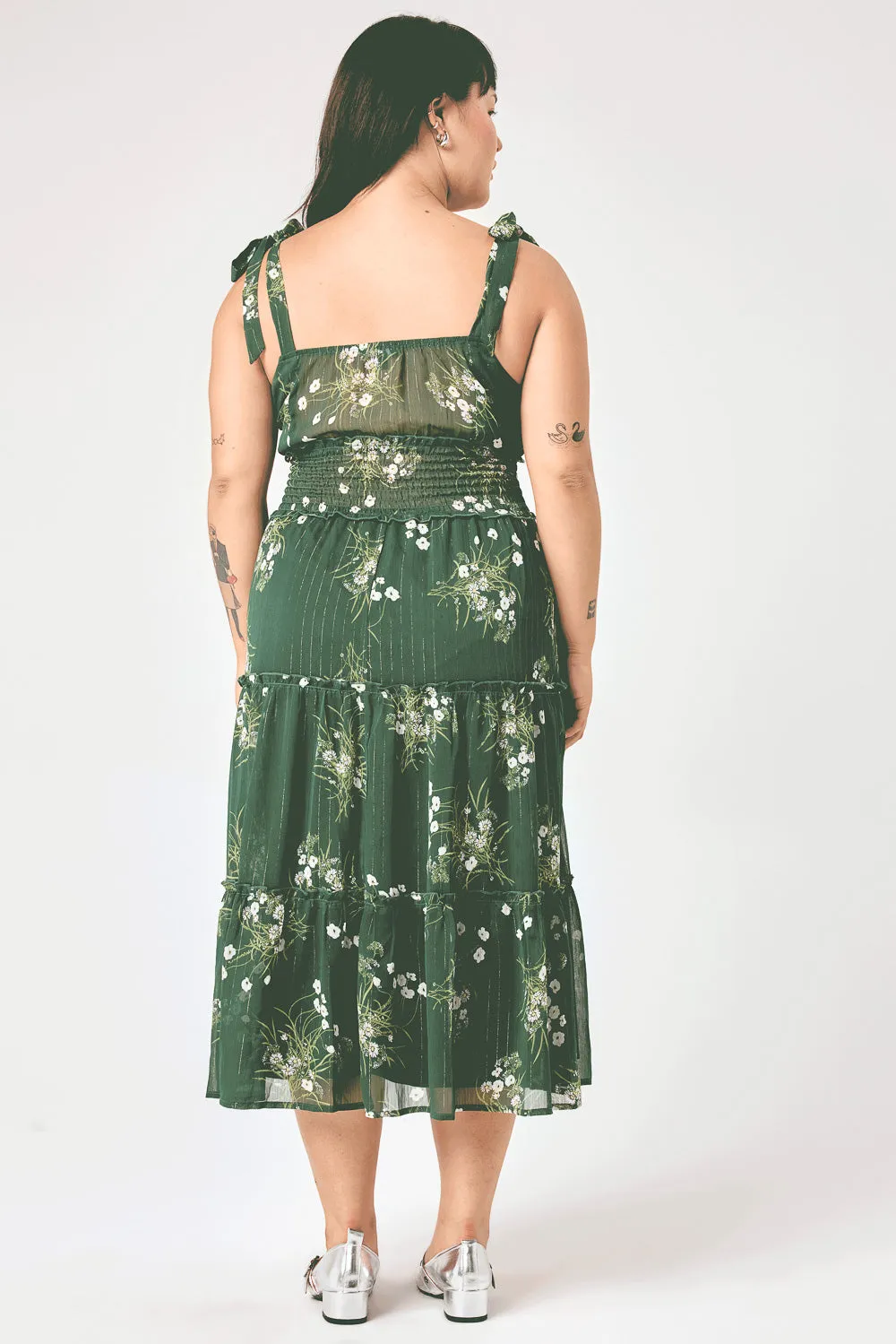 Green Floral Tie Shoulder Ruffle Midi Dress