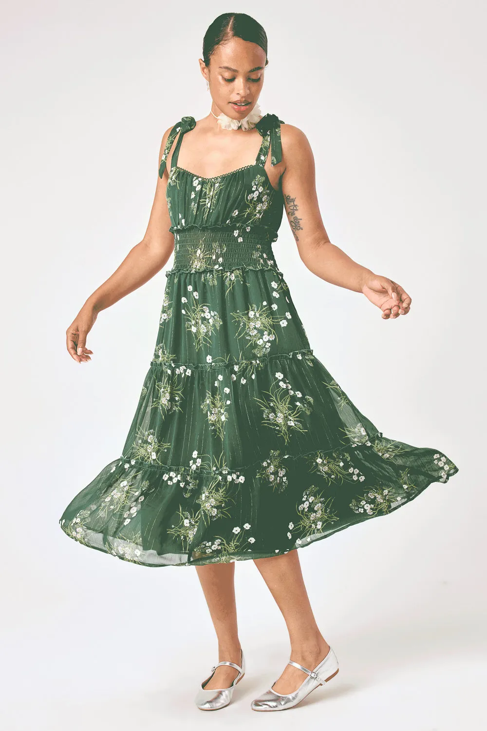 Green Floral Tie Shoulder Ruffle Midi Dress