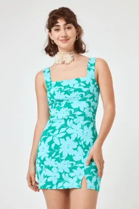 Green Turquoise Floral Tie Back Dress