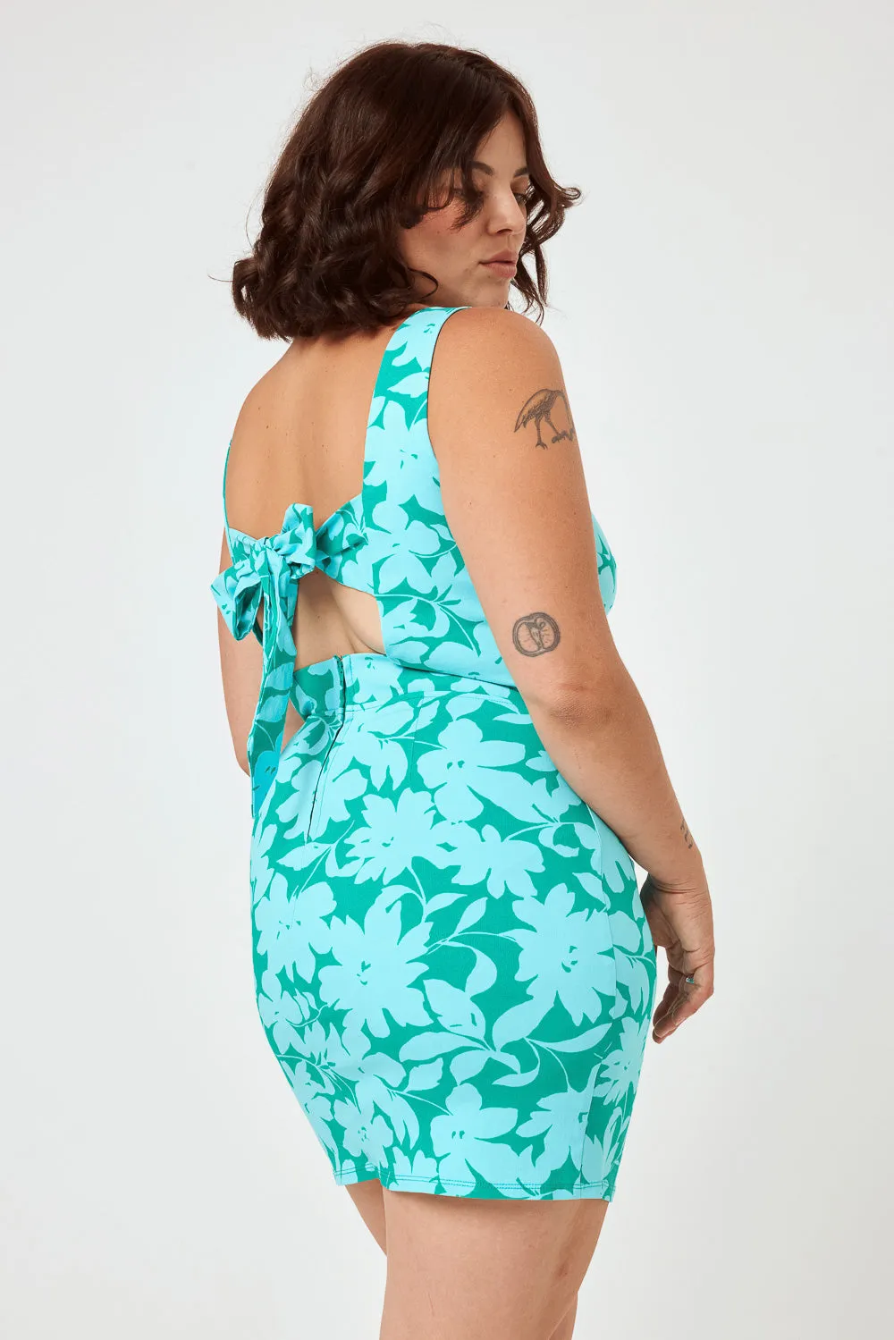 Green Turquoise Floral Tie Back Dress