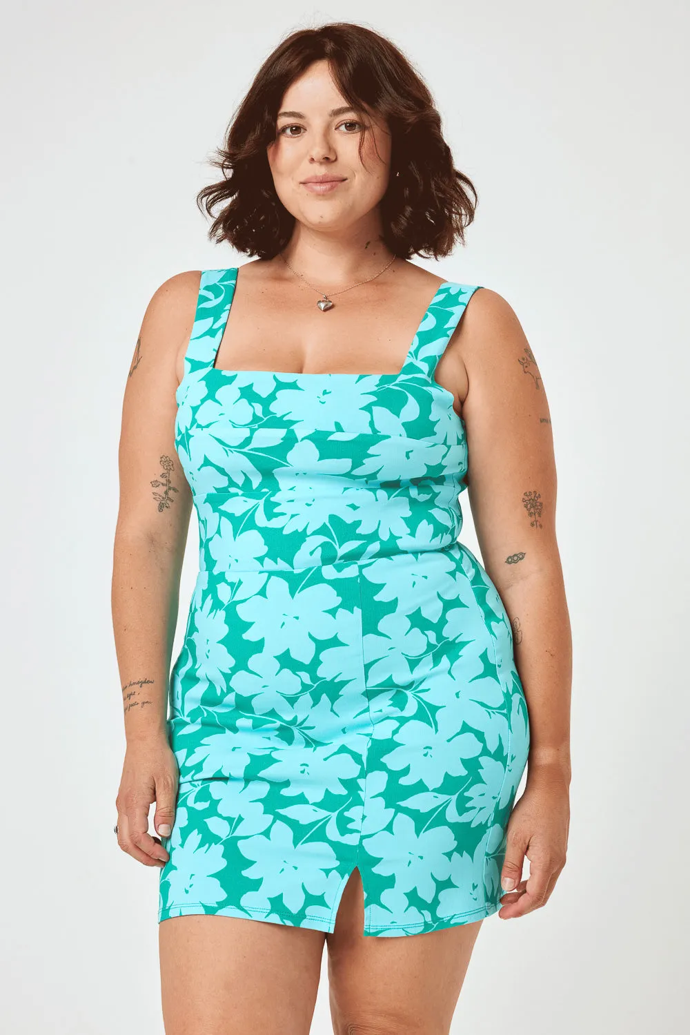 Green Turquoise Floral Tie Back Dress