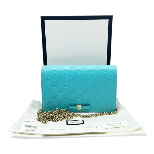 Gucci Chain Guccissima Bow Blue Signature Leather Shoulder Bag