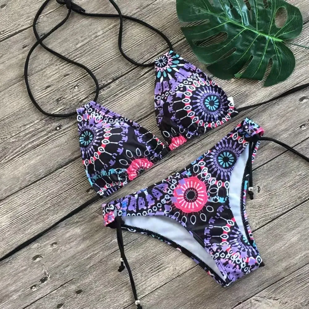 Gypsy Print Bikini Tie Side Brazilian Boho Beaded Ties Choose Brown Blue Or Purple Mandala Bohemian Print Swim Bathing Swimming Suit Small Medium Large Or Extra Large XL