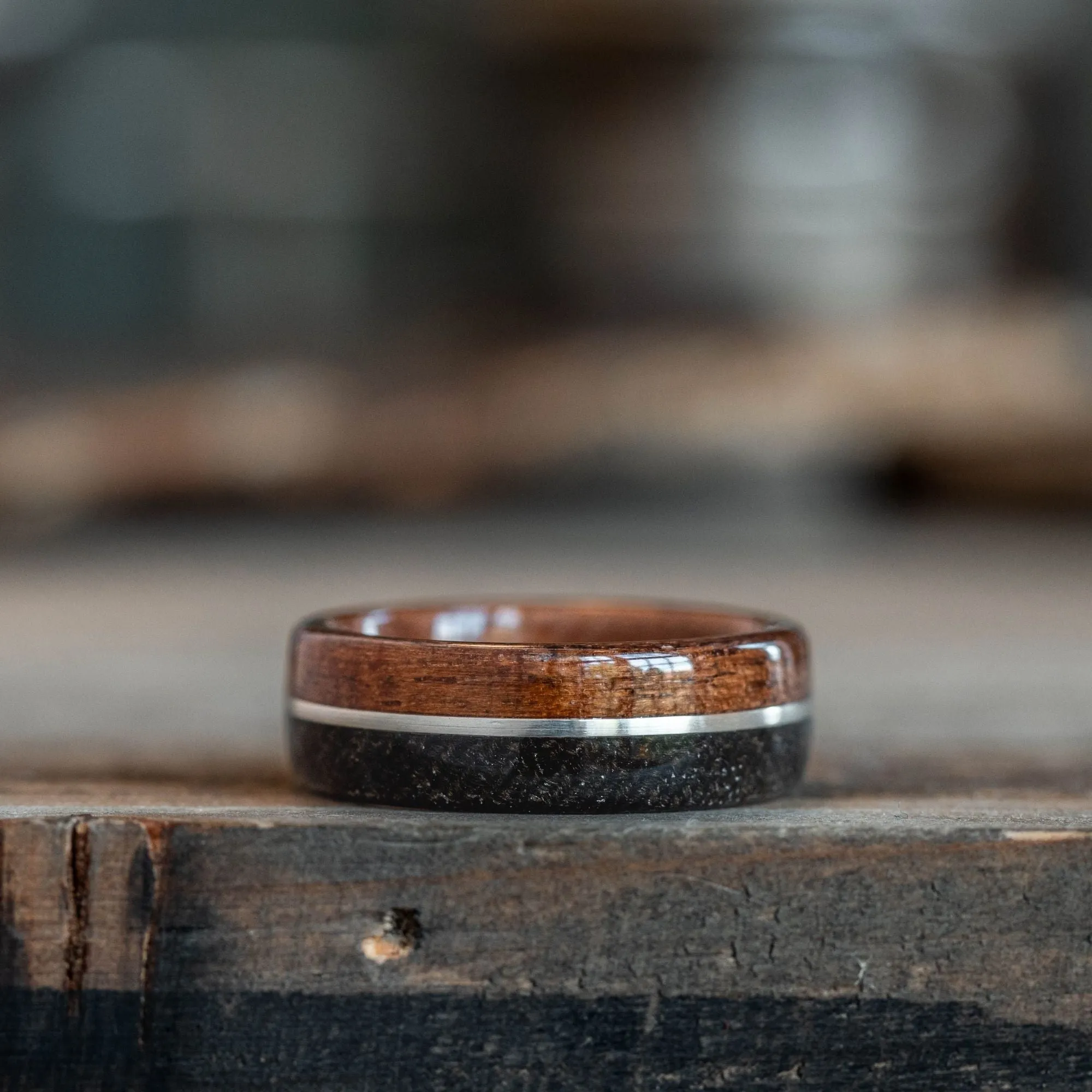 (In-Stock) The World War I Men's Rifle Stock Wood Wedding Band with WWI Uniform & Sterling Silver Inlay- Size 7 | 7 Wide