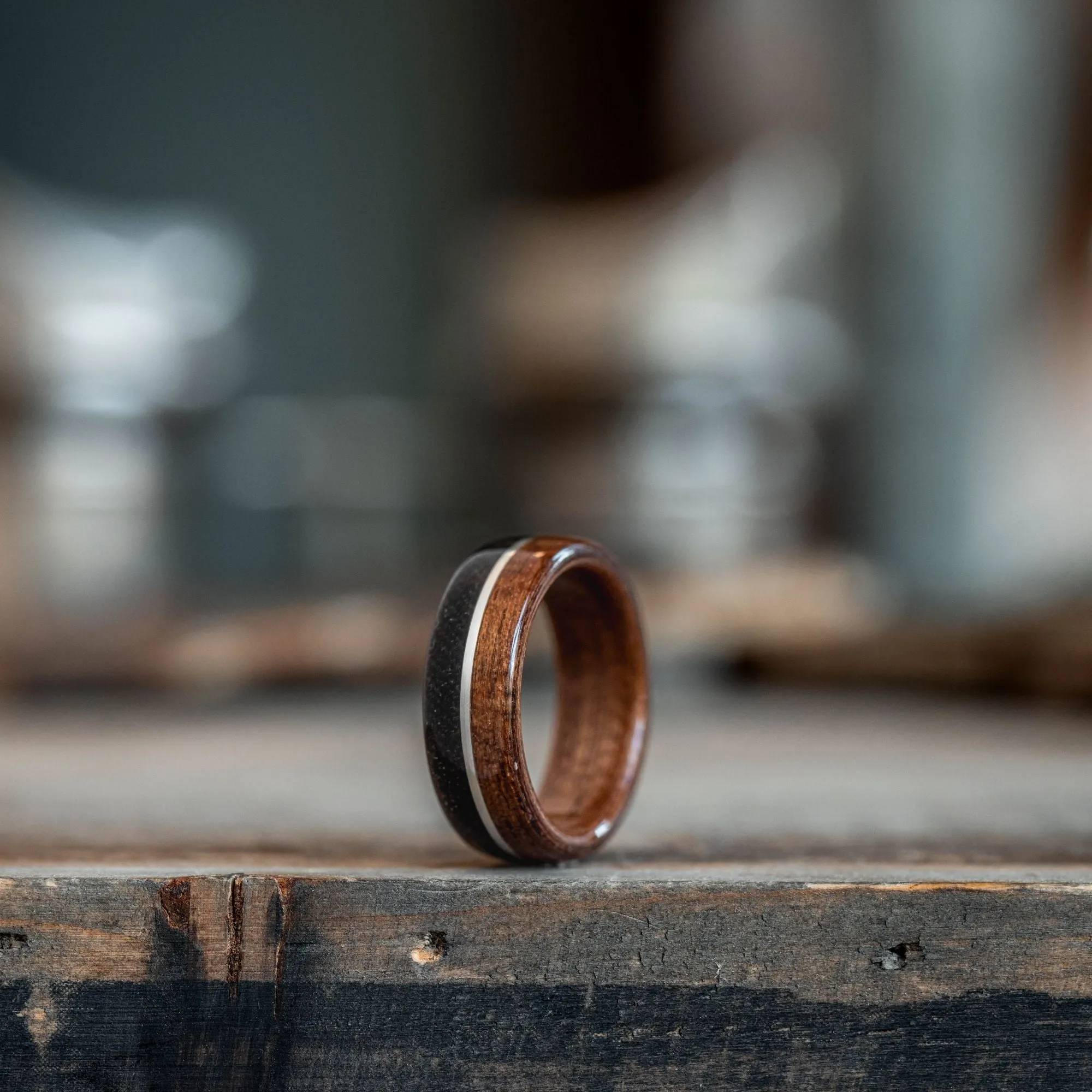 (In-Stock) The World War I Men's Rifle Stock Wood Wedding Band with WWI Uniform & Sterling Silver Inlay- Size 7 | 7 Wide