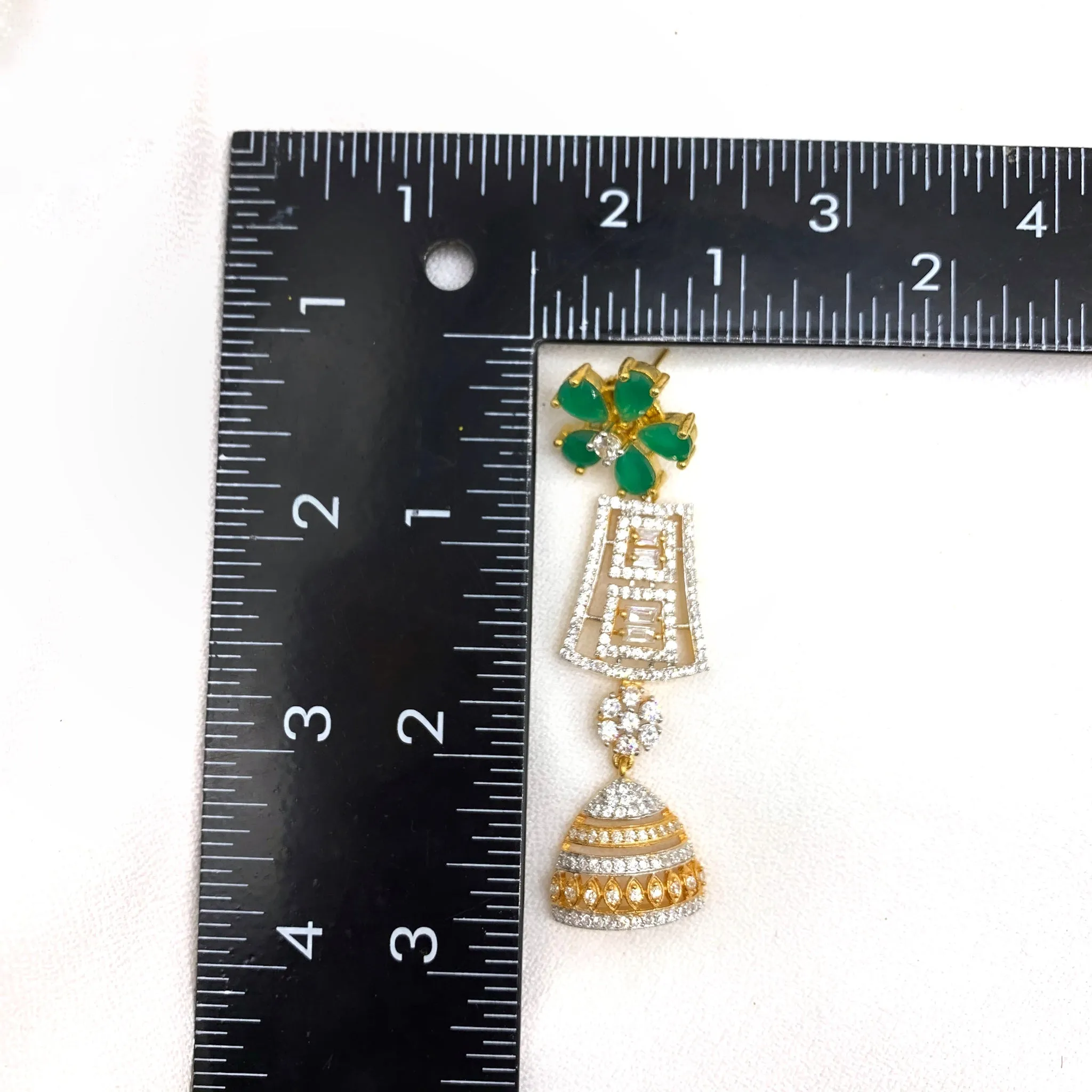 Intricate Green Floral and White Zircon (CZ) Sparkling stone earring