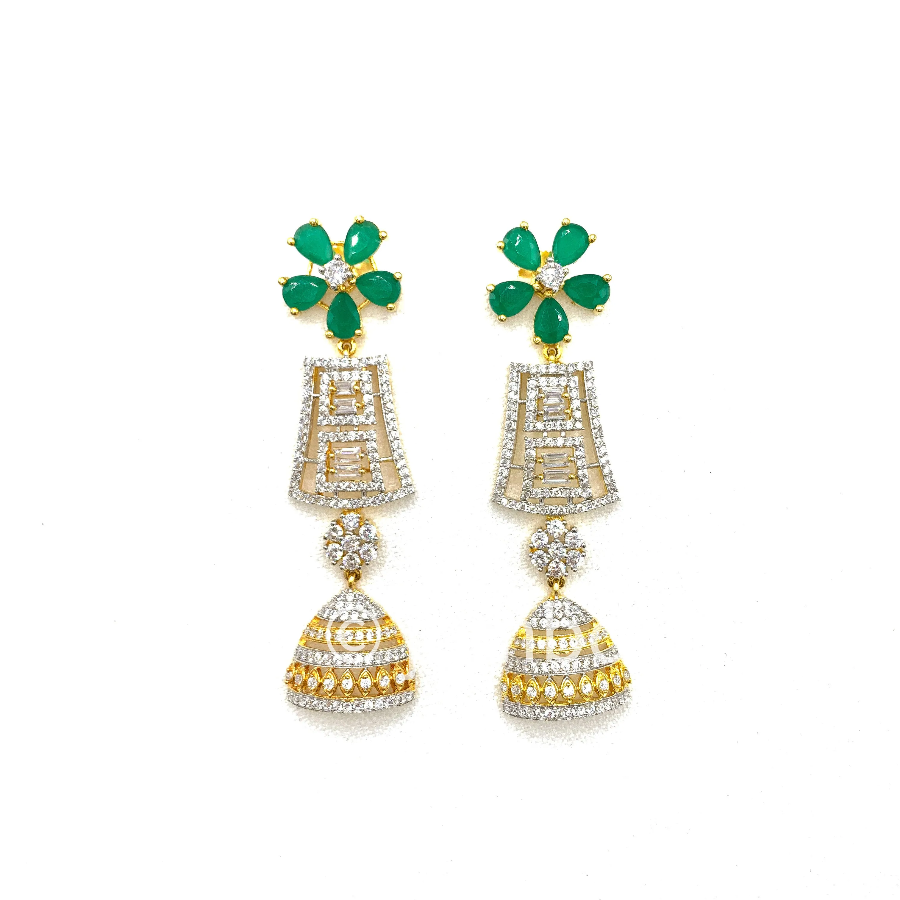 Intricate Green Floral and White Zircon (CZ) Sparkling stone earring