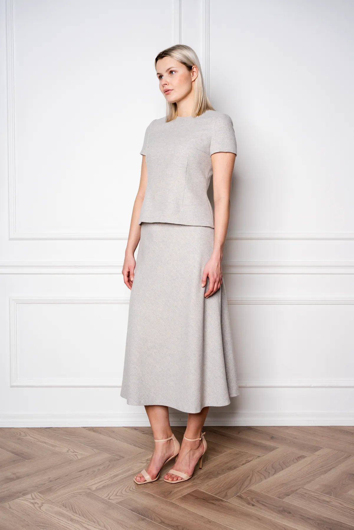 JASMINUM GRAY WOOL-CASHMERE TWEED MIDI SKIRT