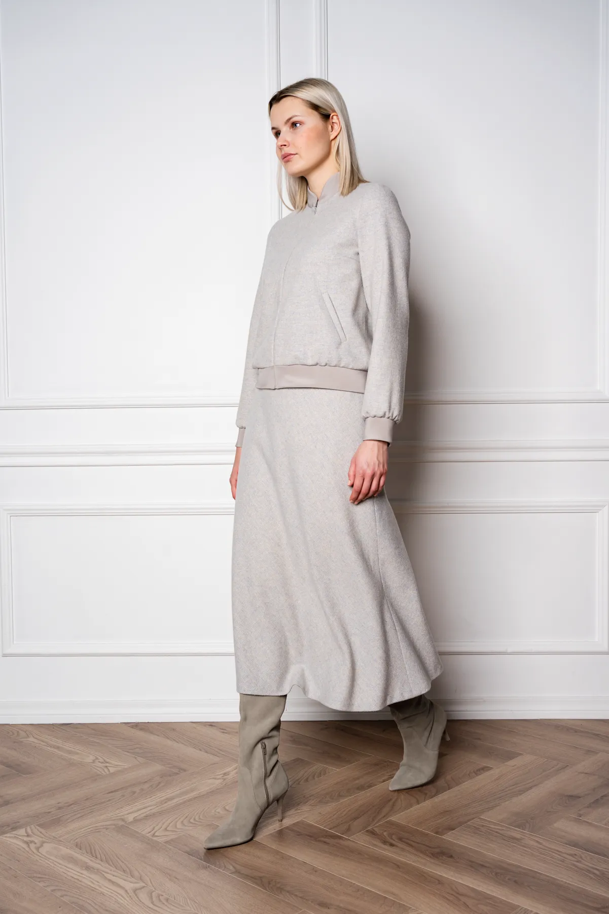 JASMINUM GRAY WOOL-CASHMERE TWEED MIDI SKIRT