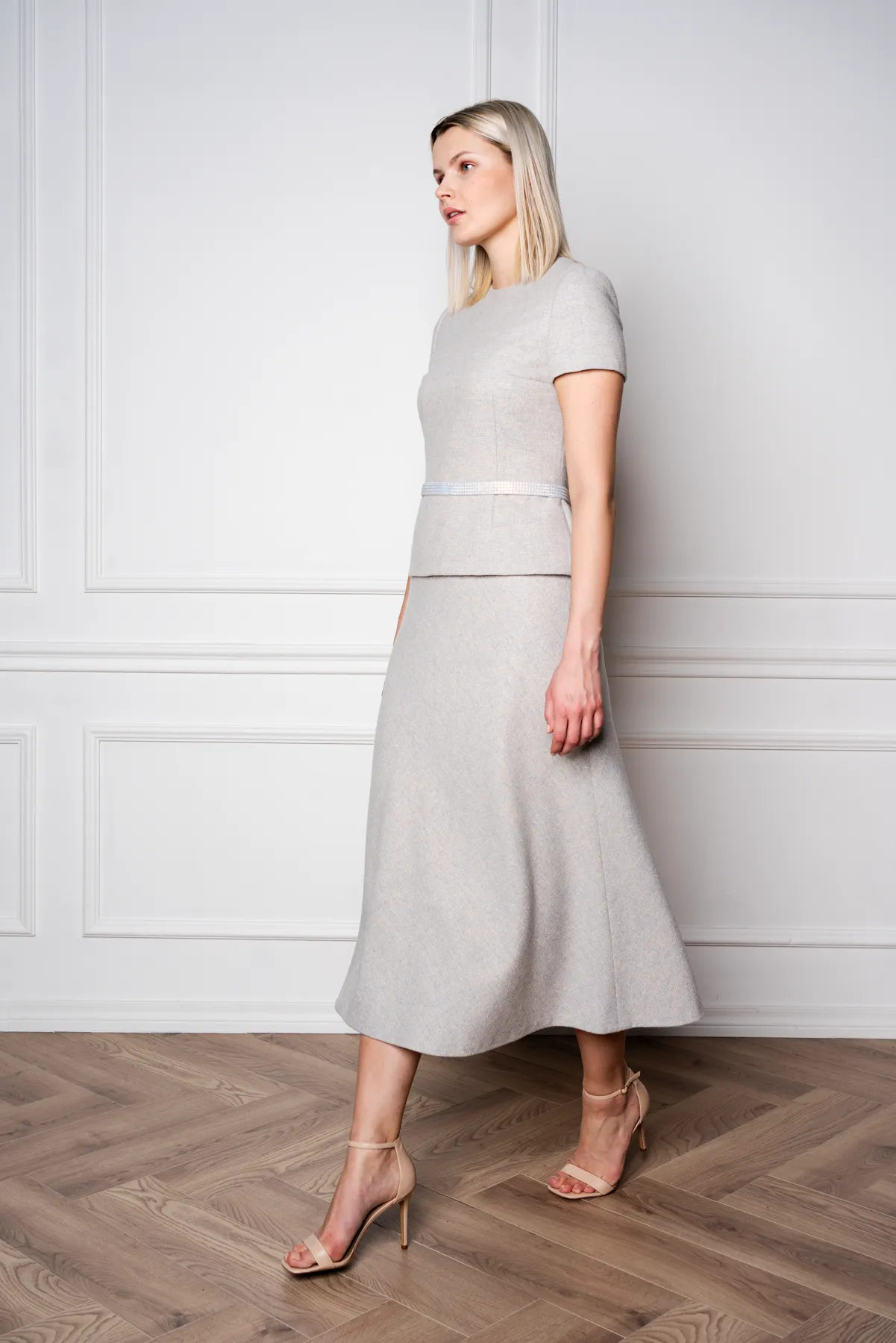 JASMINUM GRAY WOOL-CASHMERE TWEED MIDI SKIRT