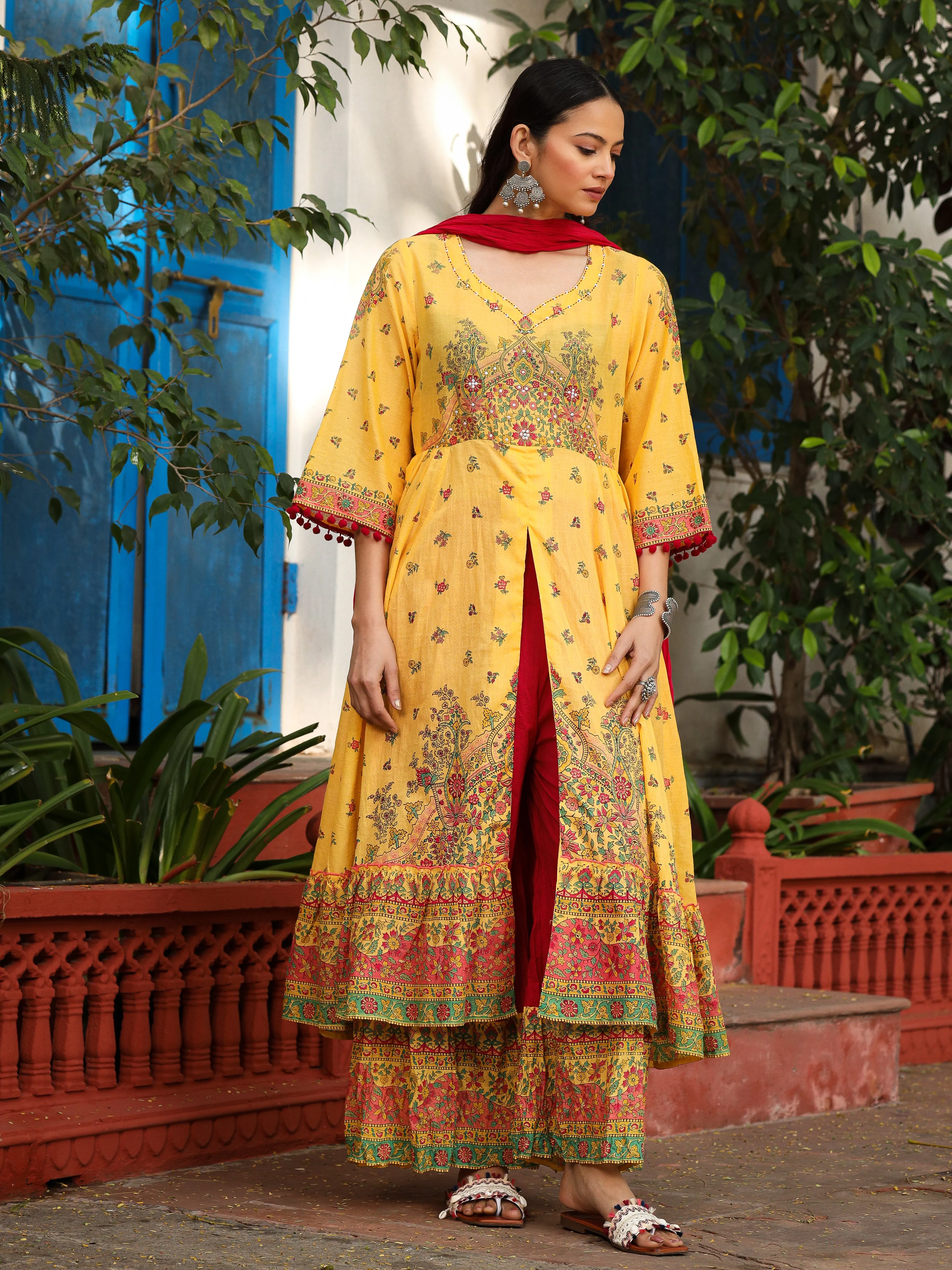 Juniper Mustard Cotton Floral Printed Anarkali Kurta With Pants And Dupatta Set With Sequins & Beadwork