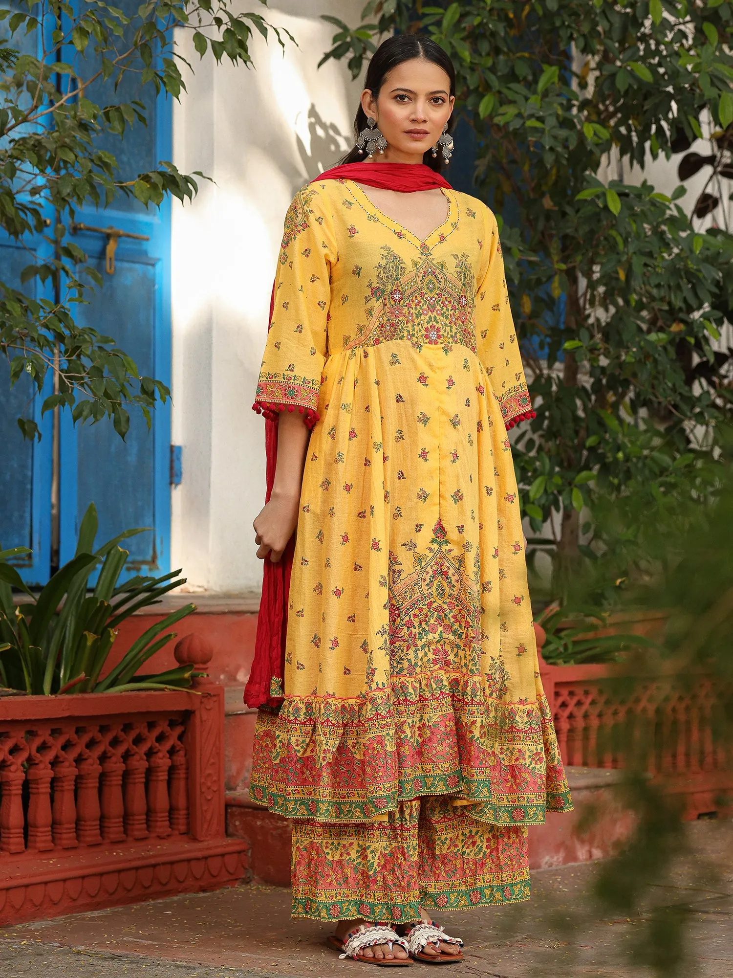 Juniper Mustard Cotton Floral Printed Anarkali Kurta With Pants And Dupatta Set With Sequins & Beadwork