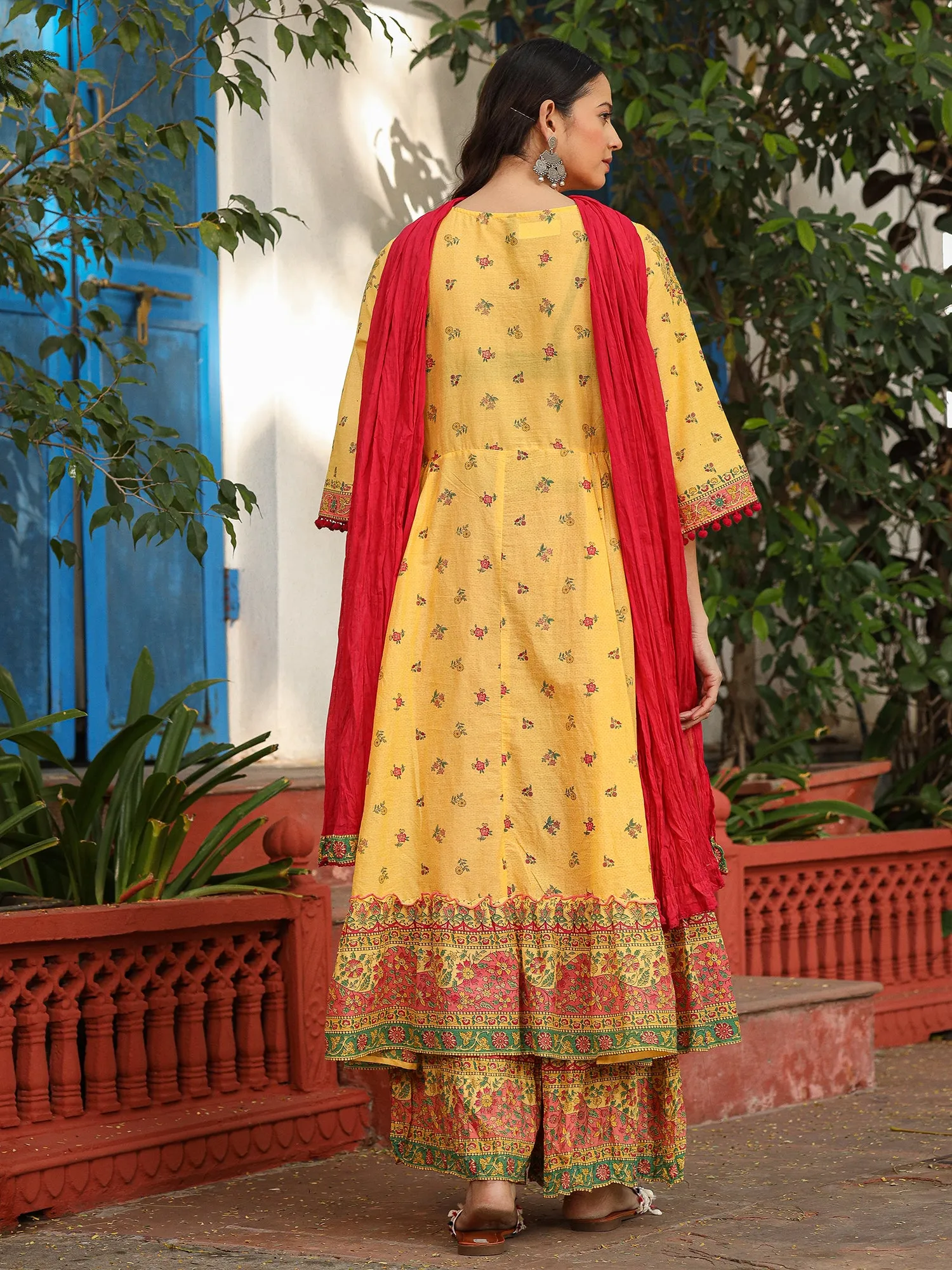 Juniper Mustard Cotton Floral Printed Anarkali Kurta With Pants And Dupatta Set With Sequins & Beadwork