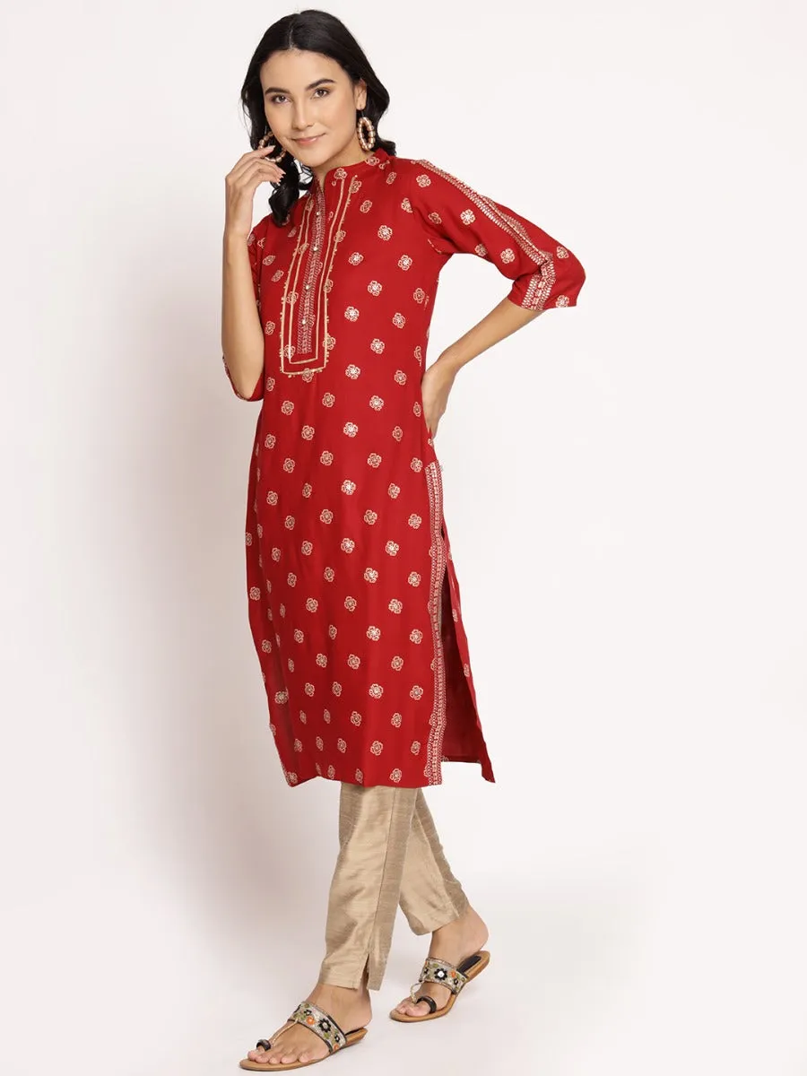 Maroon Ornamental Printed Kurta