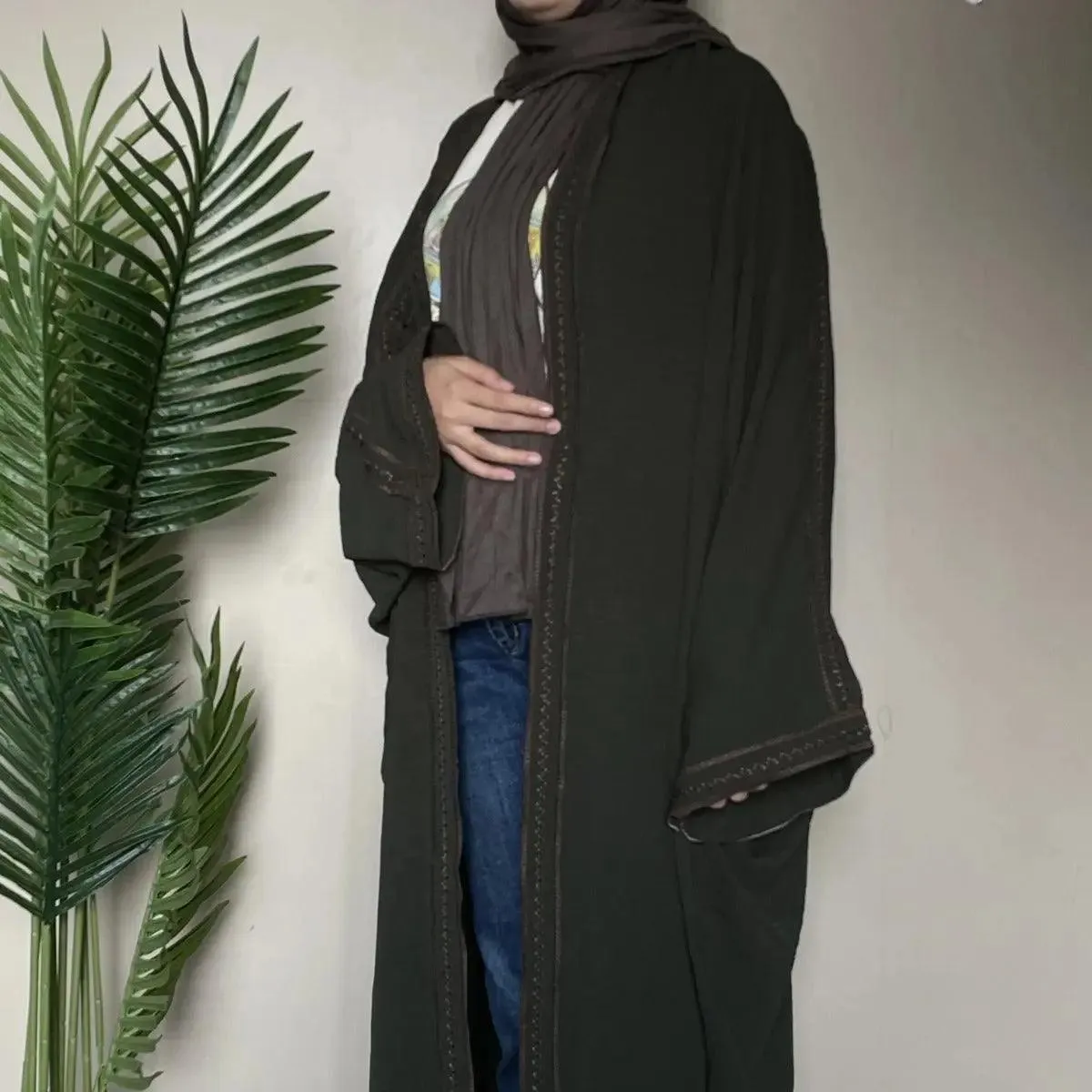 MOA015 Batwing Sleeve Embroidered Open Abaya