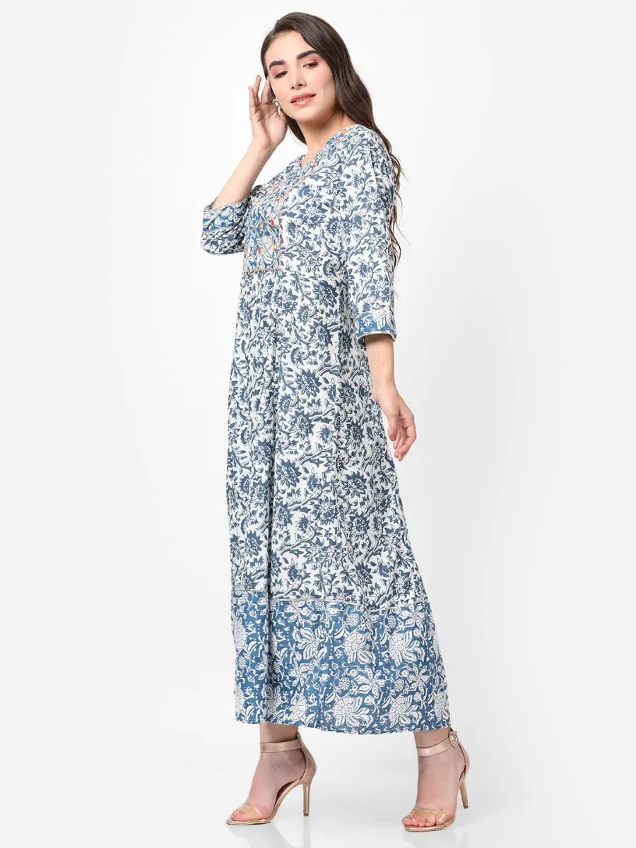 Off White Blue Floral Printed Dress