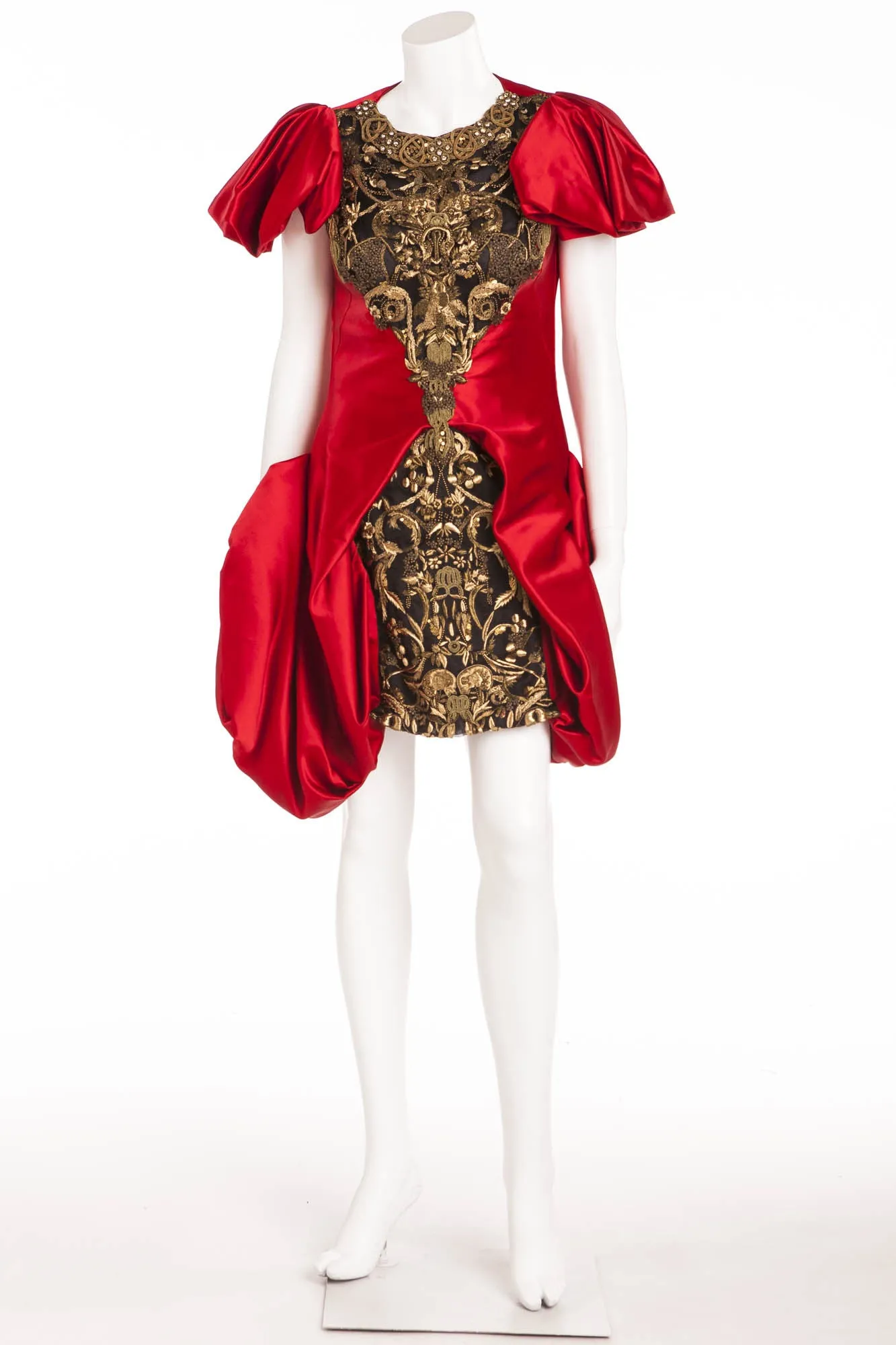 Original Alexander McQueen - As Seen on Beyonce - Short Sleeve Red Dress Embellished Bronze Front Mini Dress - IT 42