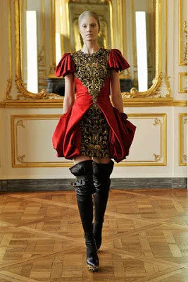 Original Alexander McQueen - As Seen on Beyonce - Short Sleeve Red Dress Embellished Bronze Front Mini Dress - IT 42