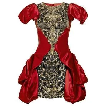 Original Alexander McQueen - As Seen on Beyonce - Short Sleeve Red Dress Embellished Bronze Front Mini Dress - IT 42