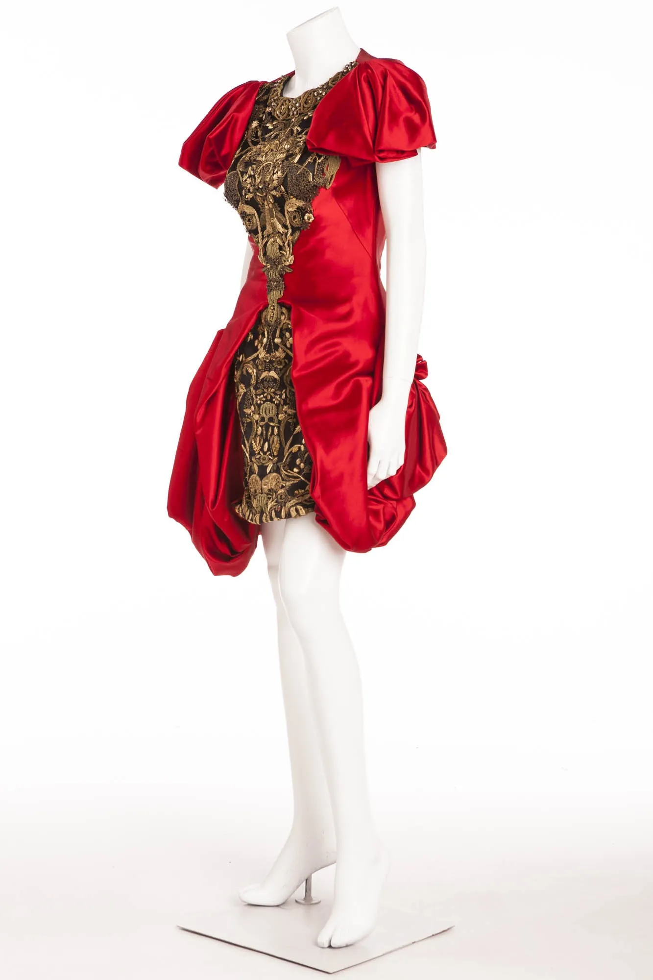 Original Alexander McQueen - As Seen on Beyonce - Short Sleeve Red Dress Embellished Bronze Front Mini Dress - IT 42