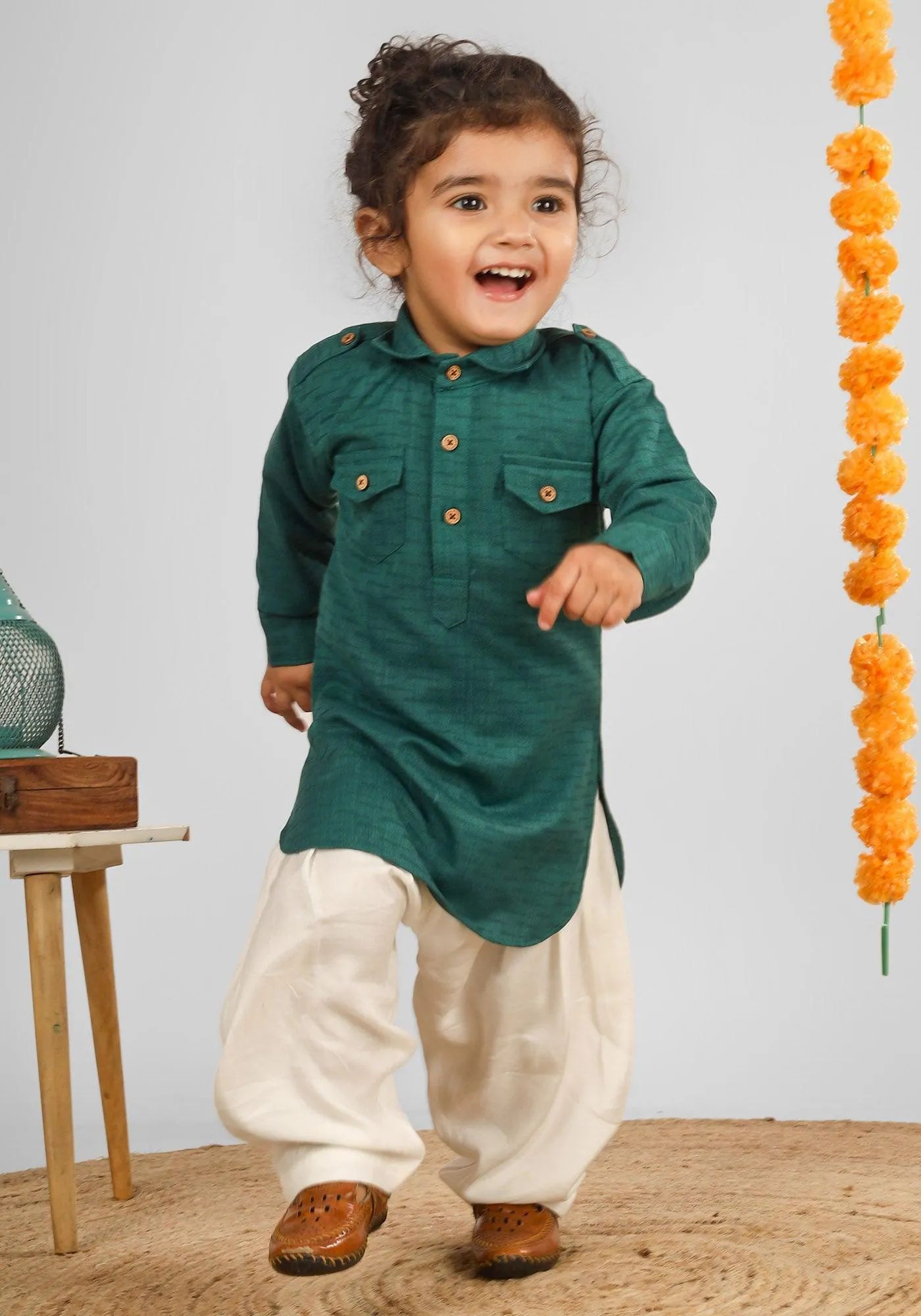 Polka Tots Full Sleeves Pathani Set - Green