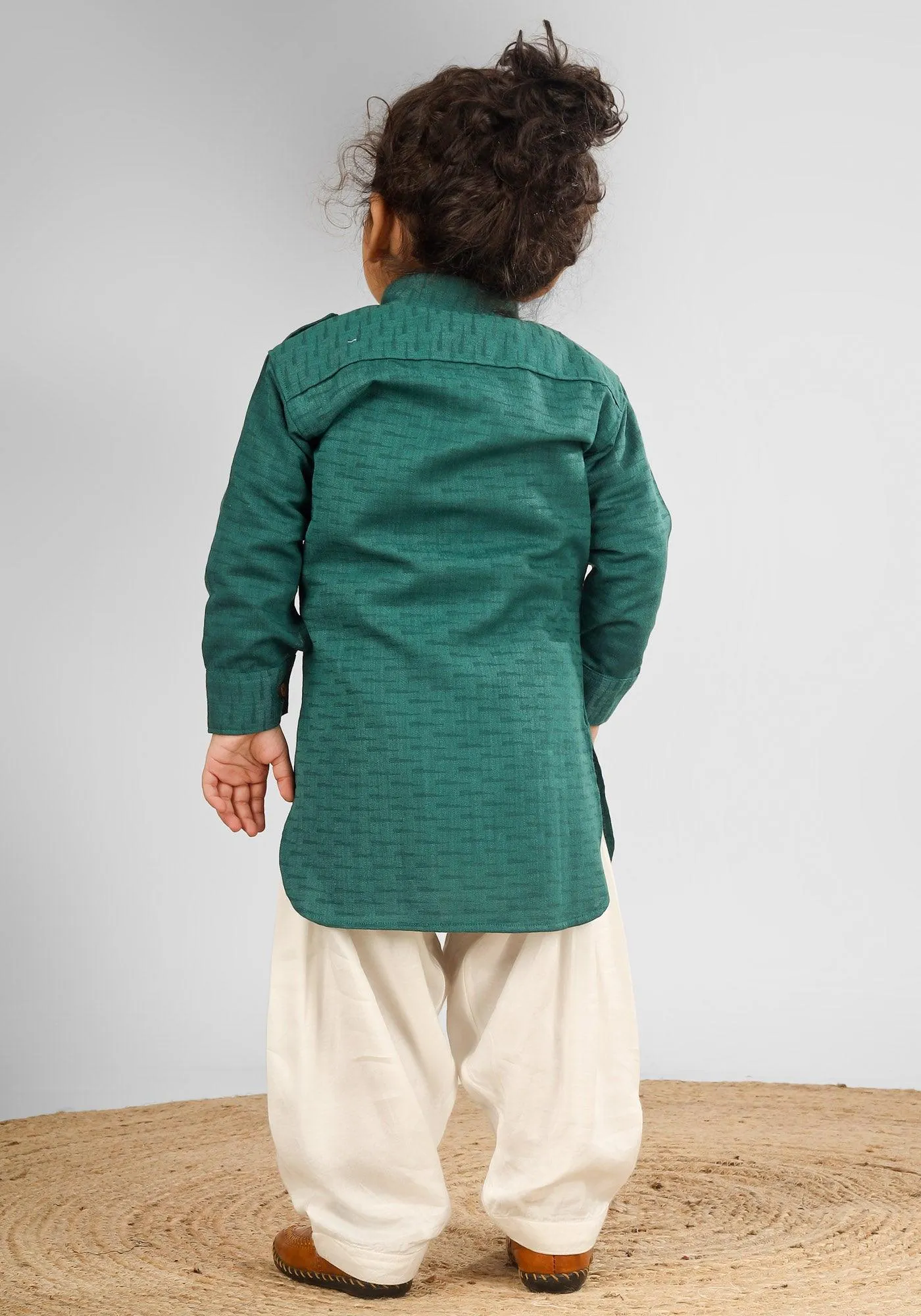 Polka Tots Full Sleeves Pathani Set - Green