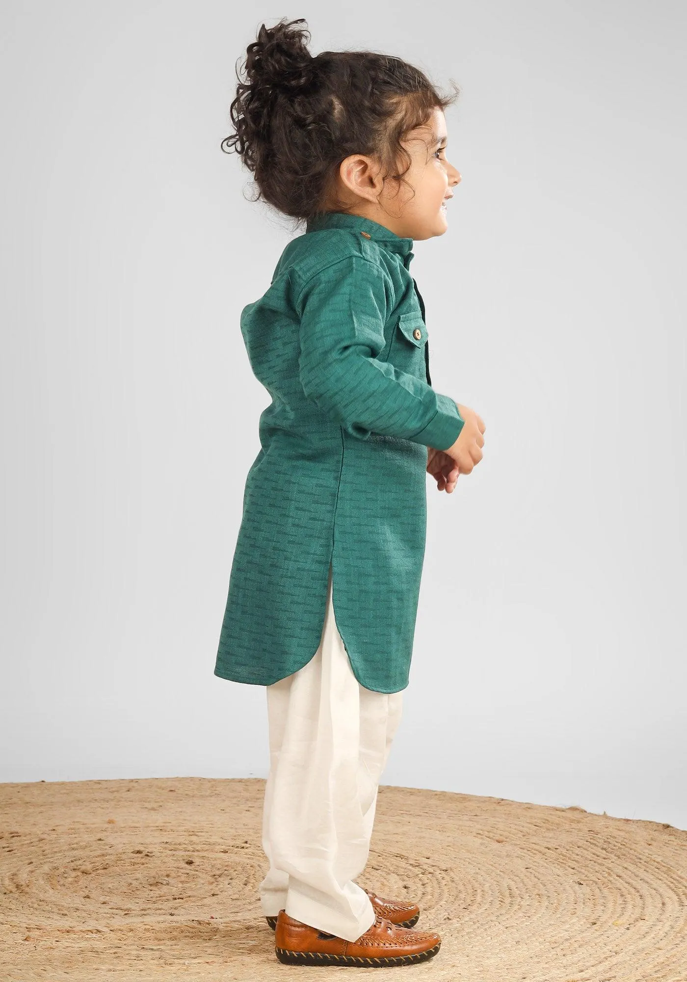 Polka Tots Full Sleeves Pathani Set - Green