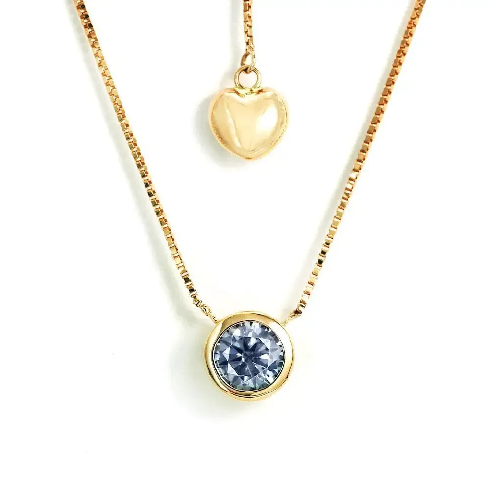 Ready Made | 0.8 Carat Light Blue Grey Moissanite Round Solitaire Bezel 18K Yellow Gold Pendant with Heart Chain