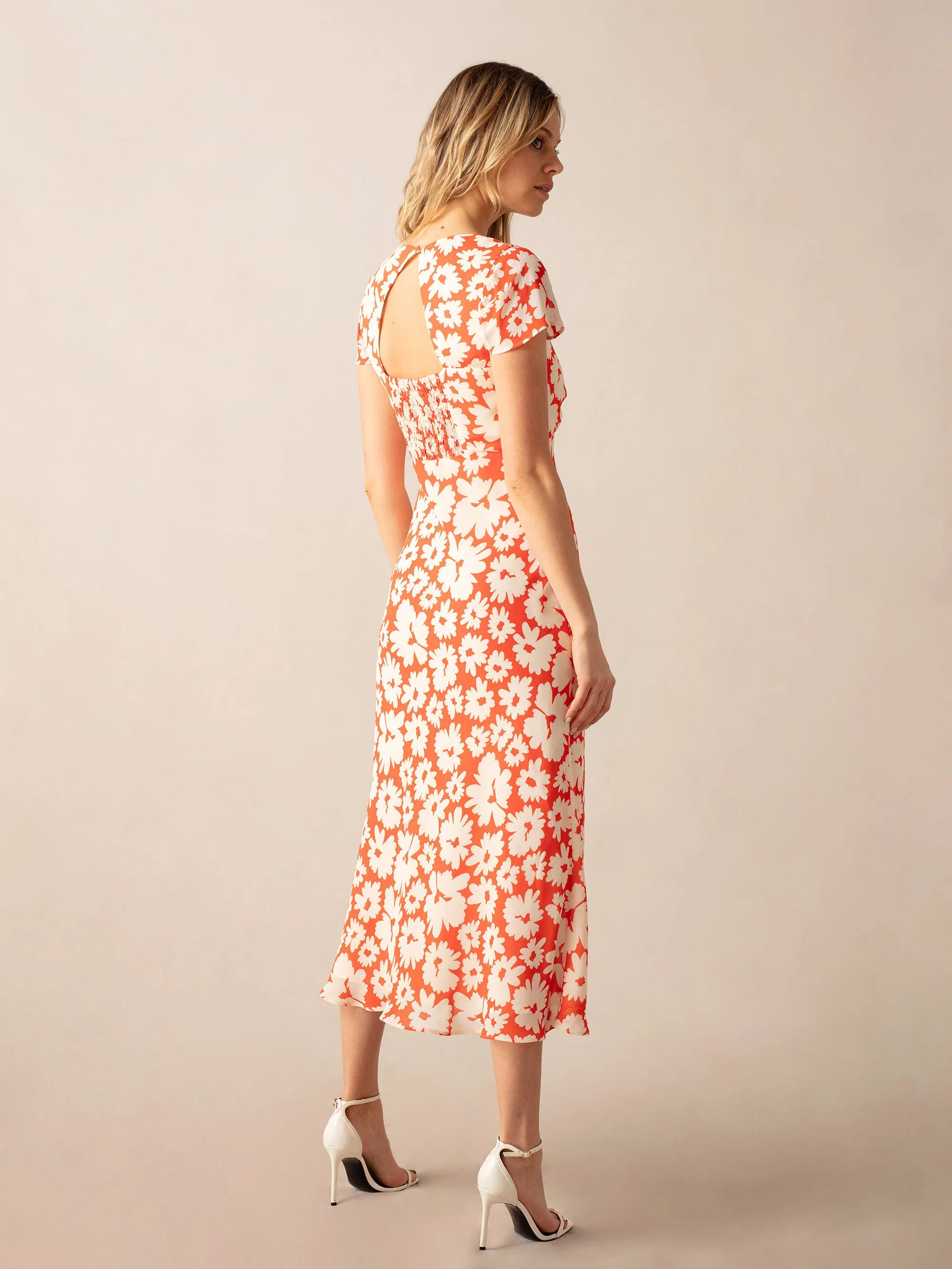 Red Daisy Print Sweetheart Neckline Midi Dress