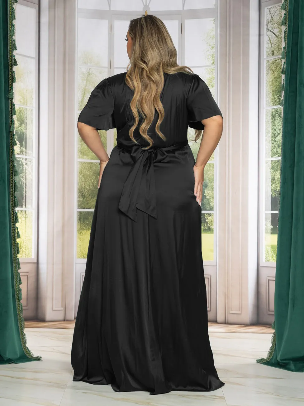 Sara Plus Size Satin Maxi Dress in Black