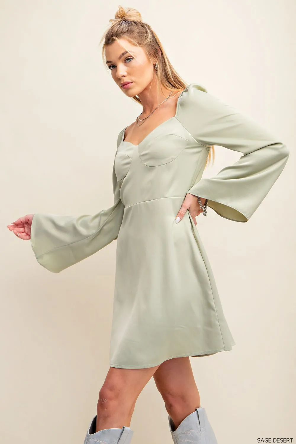 Satin Dream Smocked Dress Sage