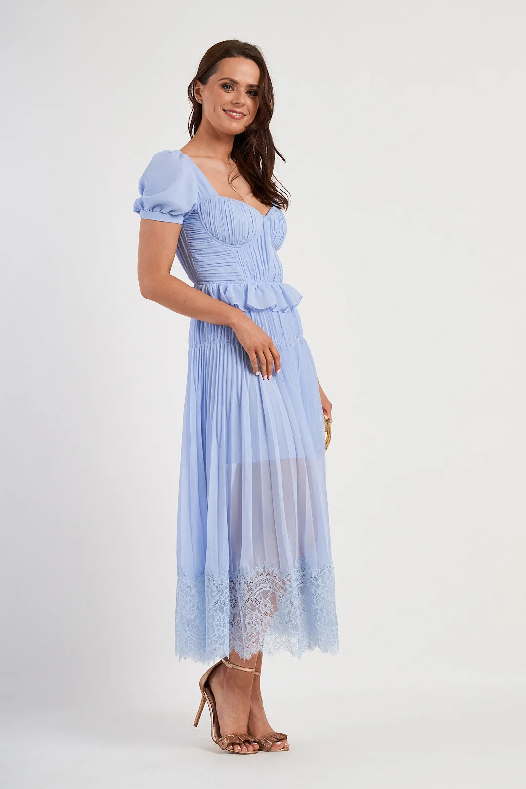 Self-Portrait Blue Pleated Chiffon Midi Dress