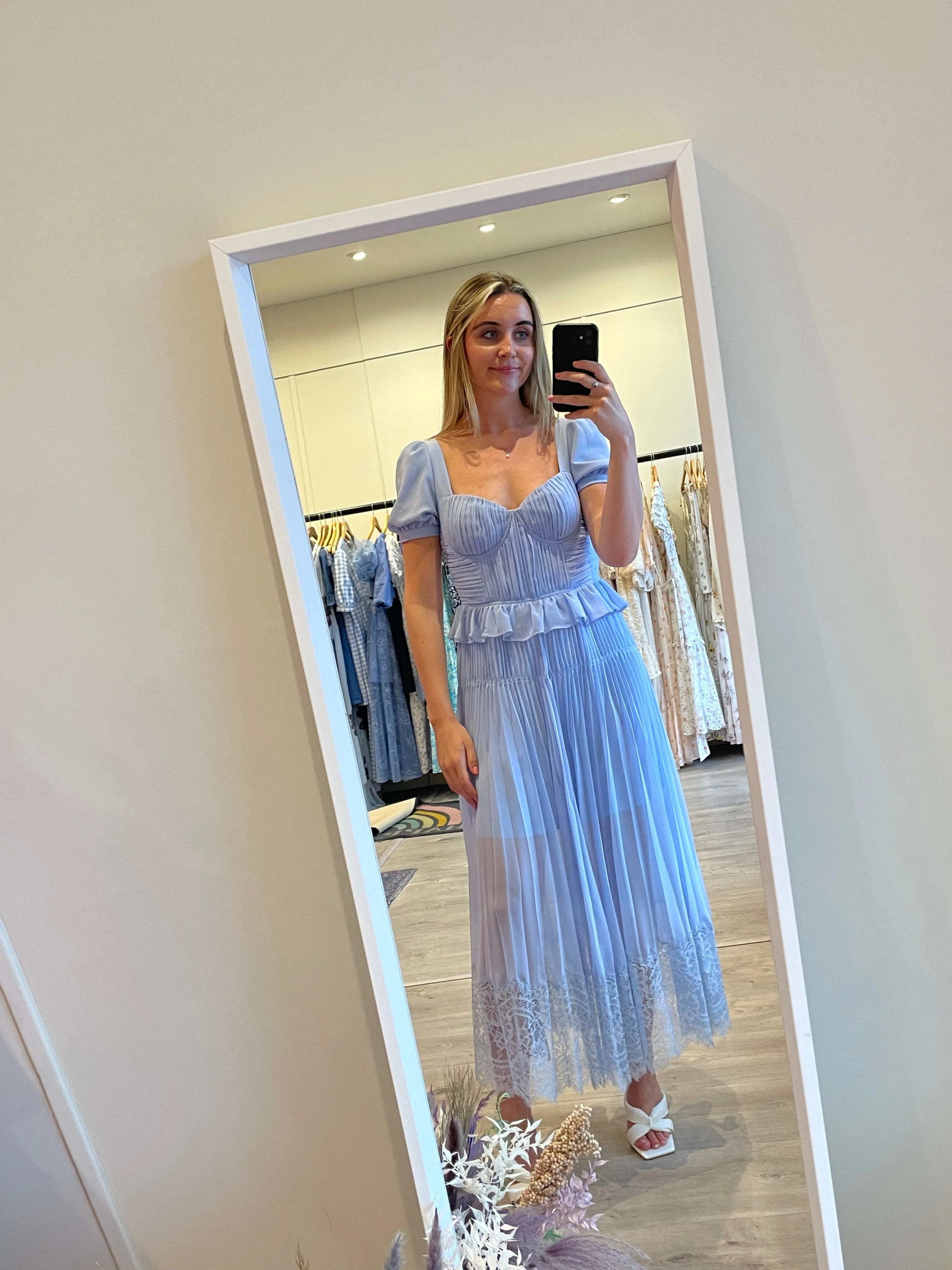 Self-Portrait Blue Pleated Chiffon Midi Dress