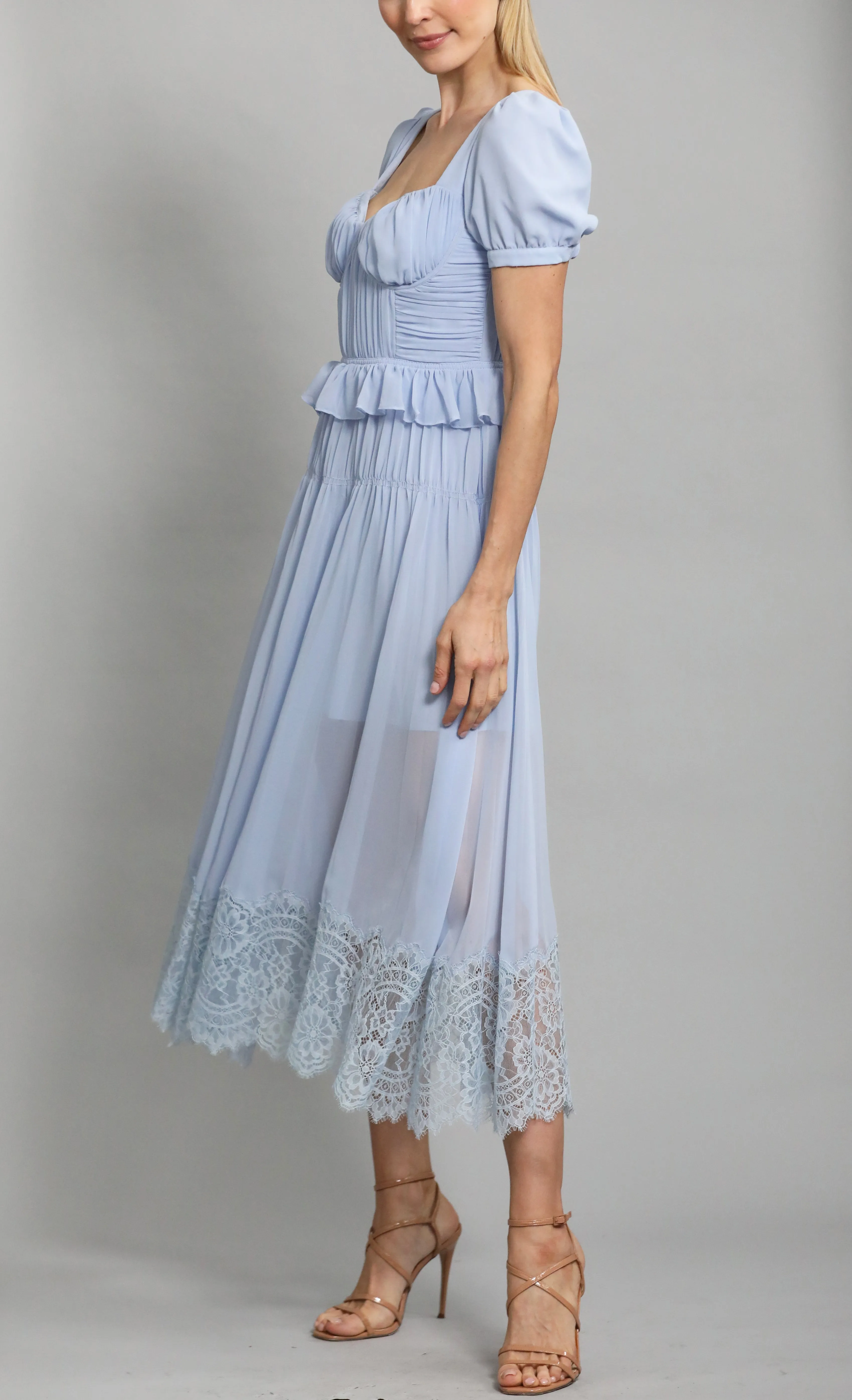 Self-Portrait Blue Pleated Chiffon Midi Dress